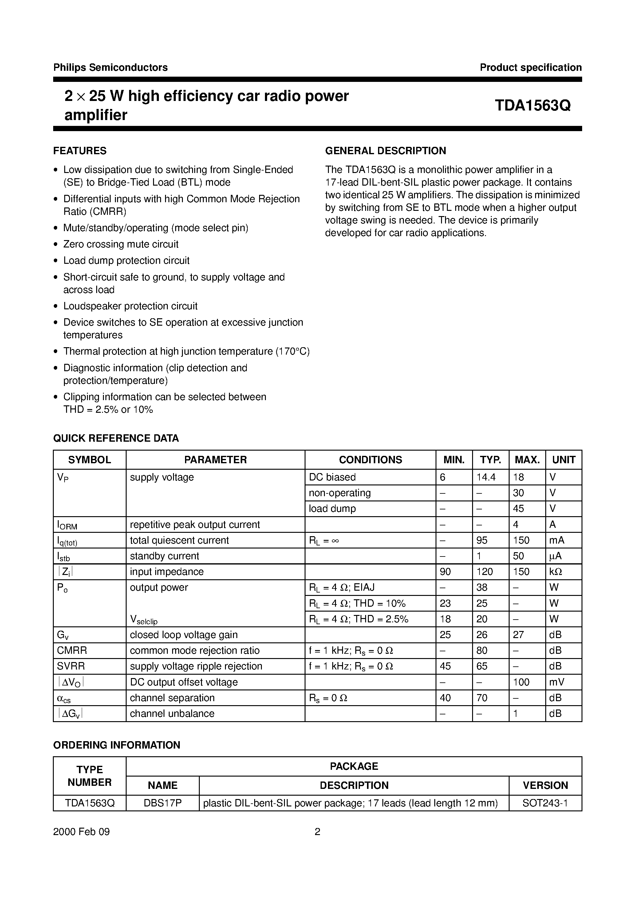 Datasheet TDA1563 page 2 Datasheet TDA1563 - 2 x 25 W high efficiency car radio power amplifier page 2