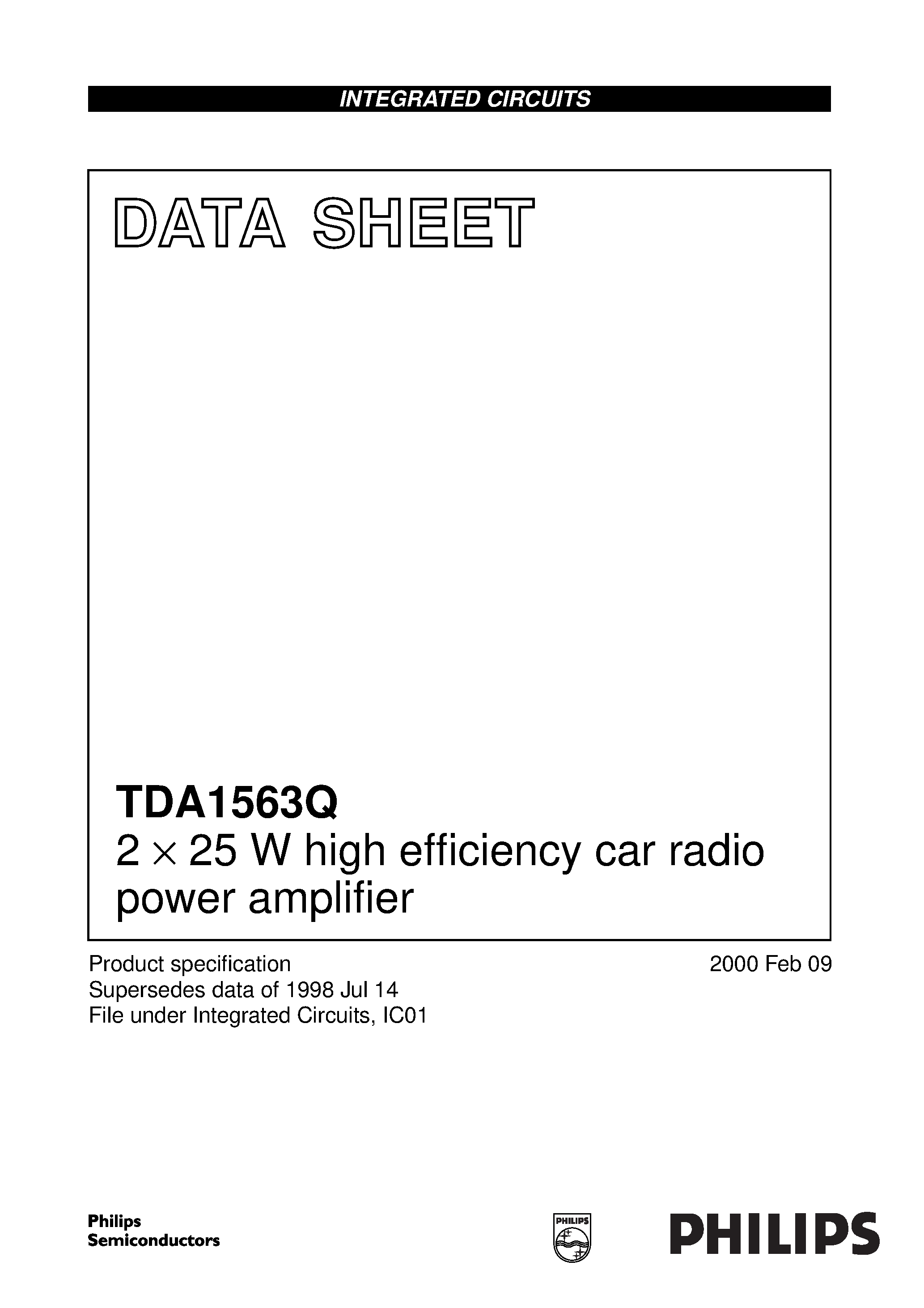 Datasheet TDA1563Q page 1 Datasheet TDA1563Q - 2 x 25 W high efficiency car radio power amplifier page 1