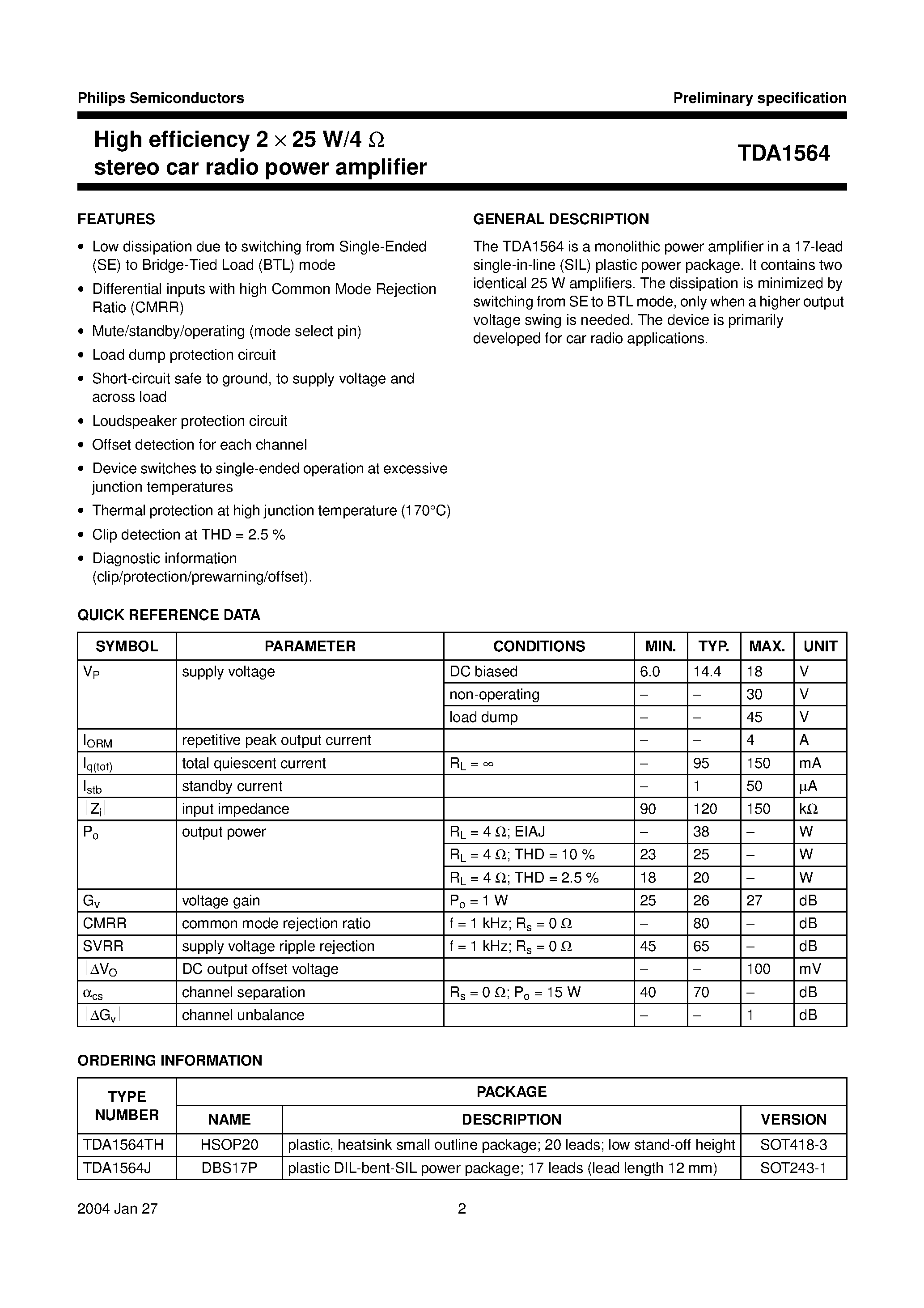 Datasheet TDA1564 page 2 Datasheet TDA1564 - High efficiency 2 X 25 W/4 stereo car radio power amplifier page 2