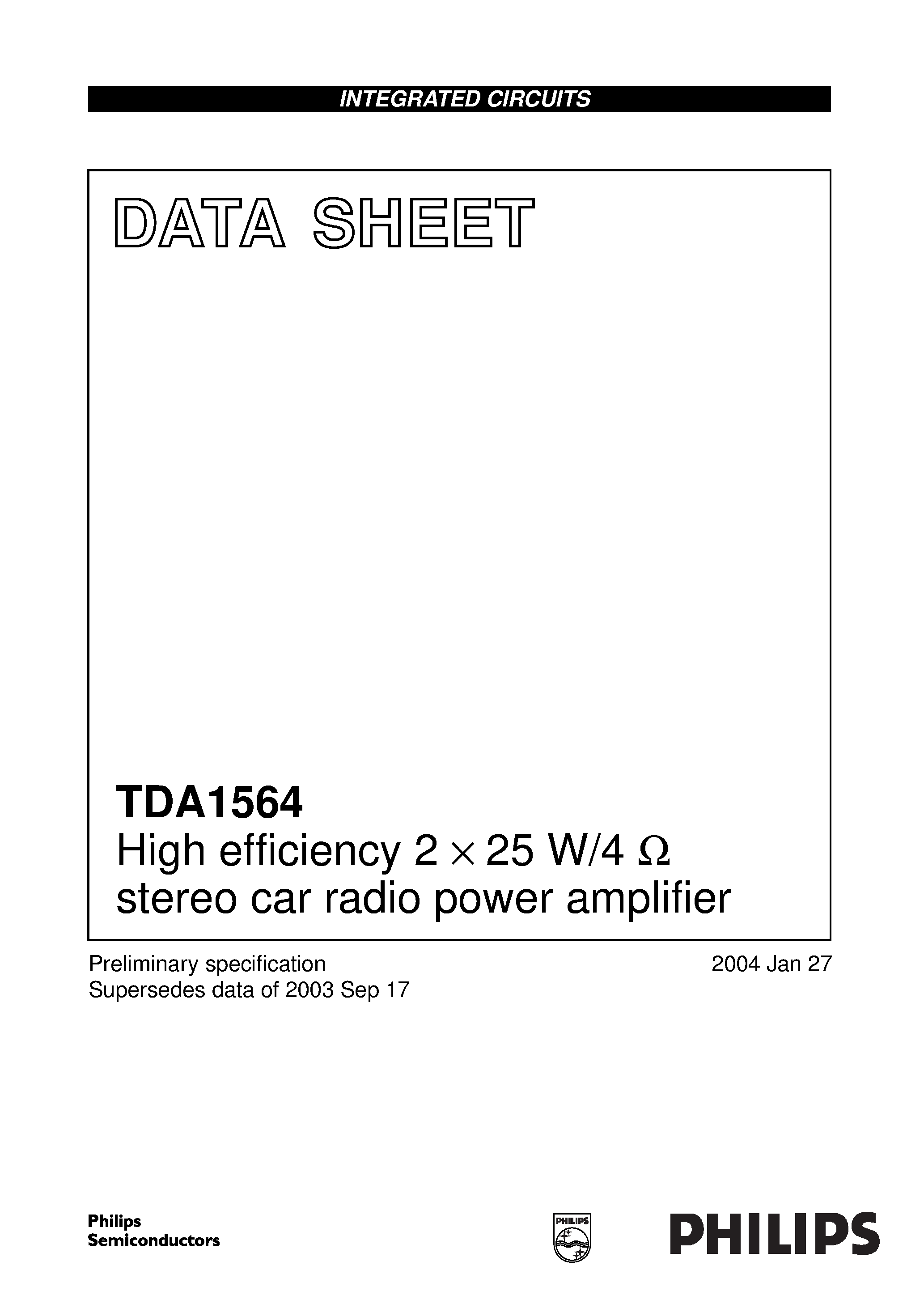 Datasheet TDA1564J page 1 Datasheet TDA1564J - High efficiency 2 X 25 W/4 stereo car radio power amplifier page 1