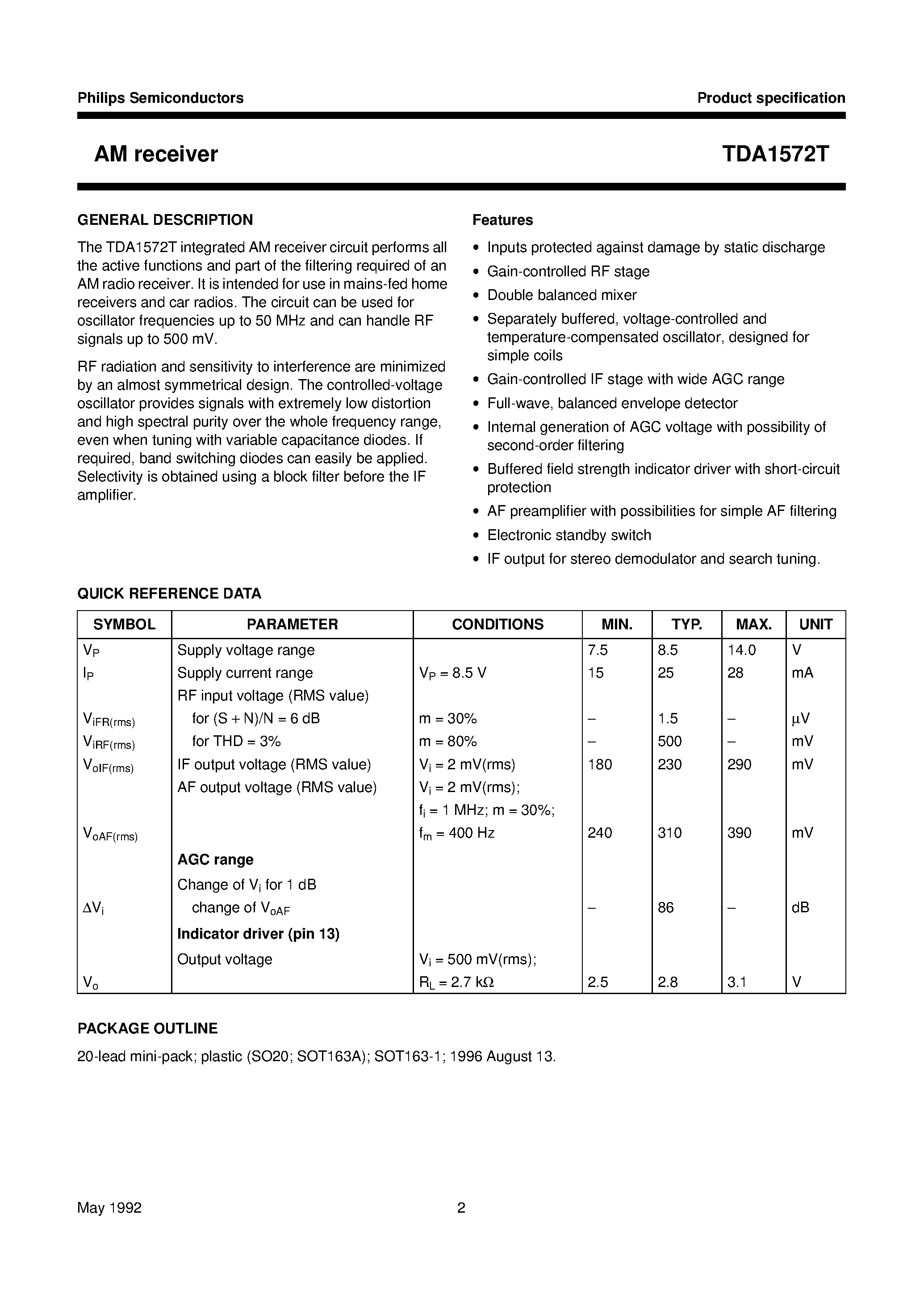 Datasheet TDA1572T page 2 Datasheet TDA1572T - AM receiver page 2