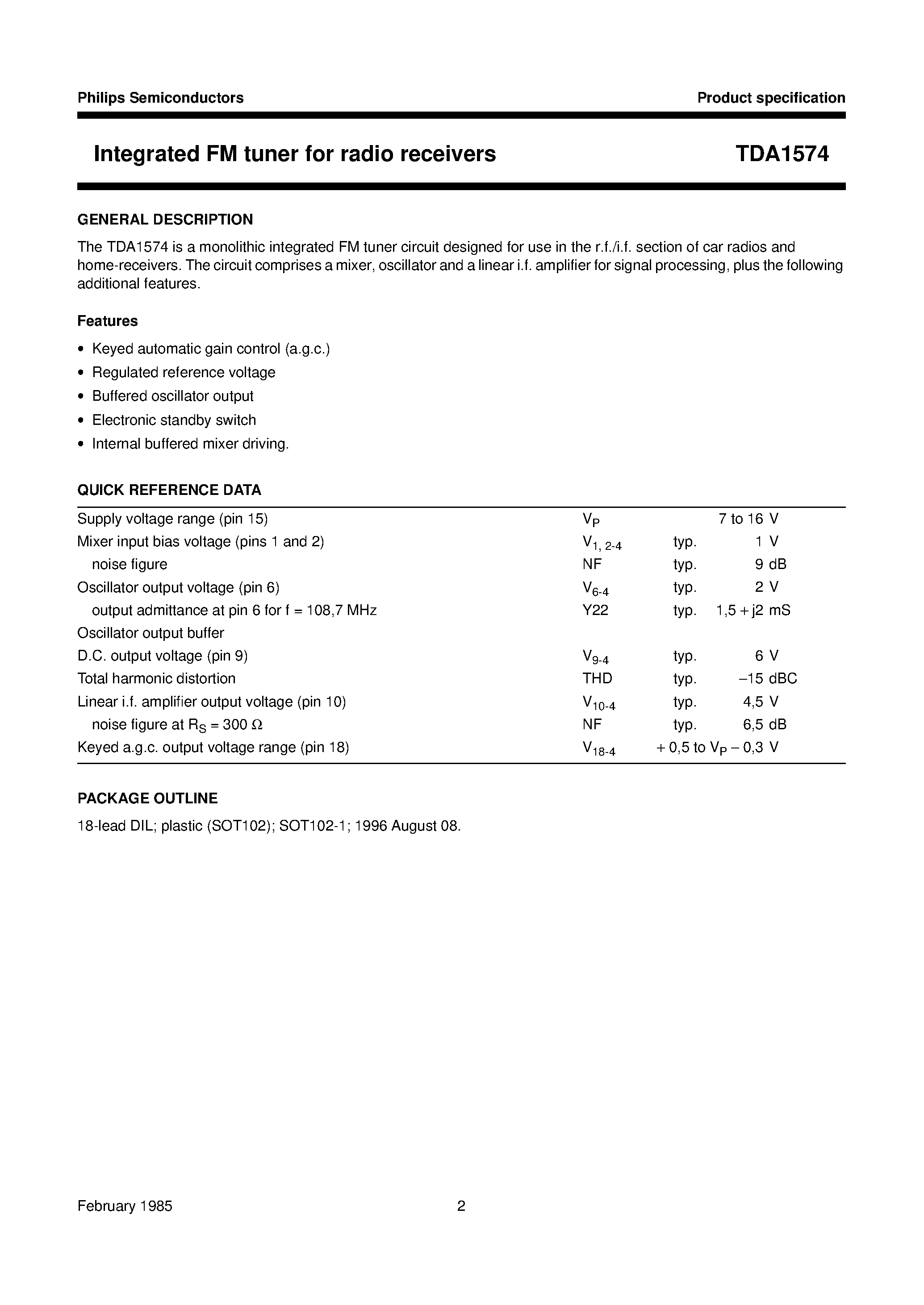 Datasheet TDA1574 page 2 Datasheet TDA1574 - Integrated FM tuner for radio receivers page 2