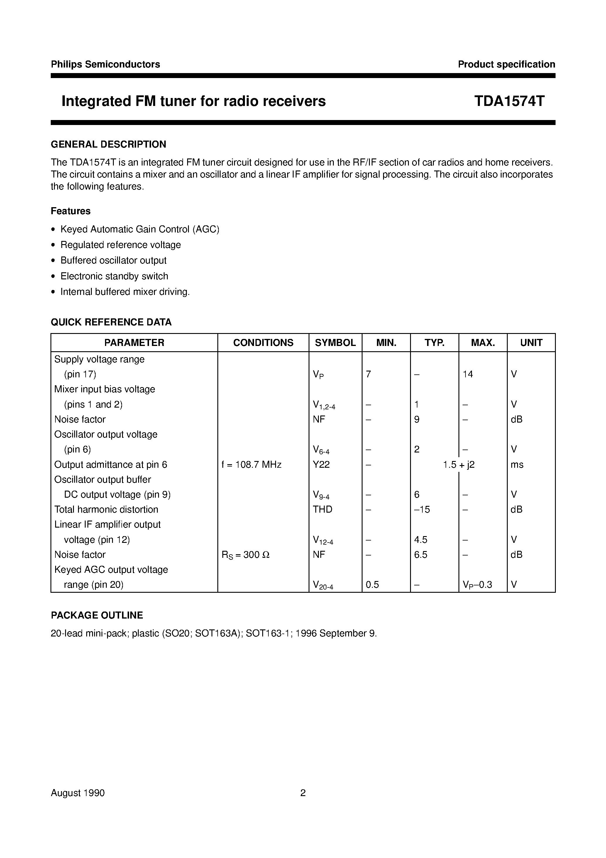 Datasheet TDA1574T page 2 Datasheet TDA1574T - Integrated FM tuner for radio receivers page 2