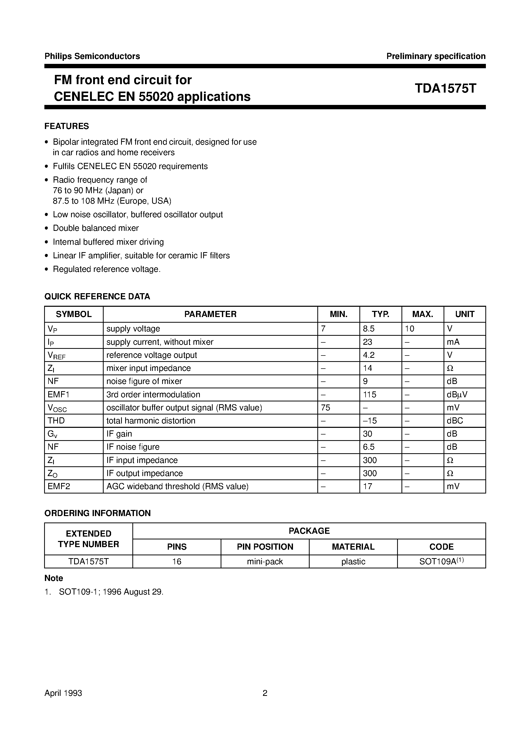 Datasheet TDA1575 page 2 Datasheet TDA1575 - FM front end circuit for CENELEC EN 55020 applications page 2
