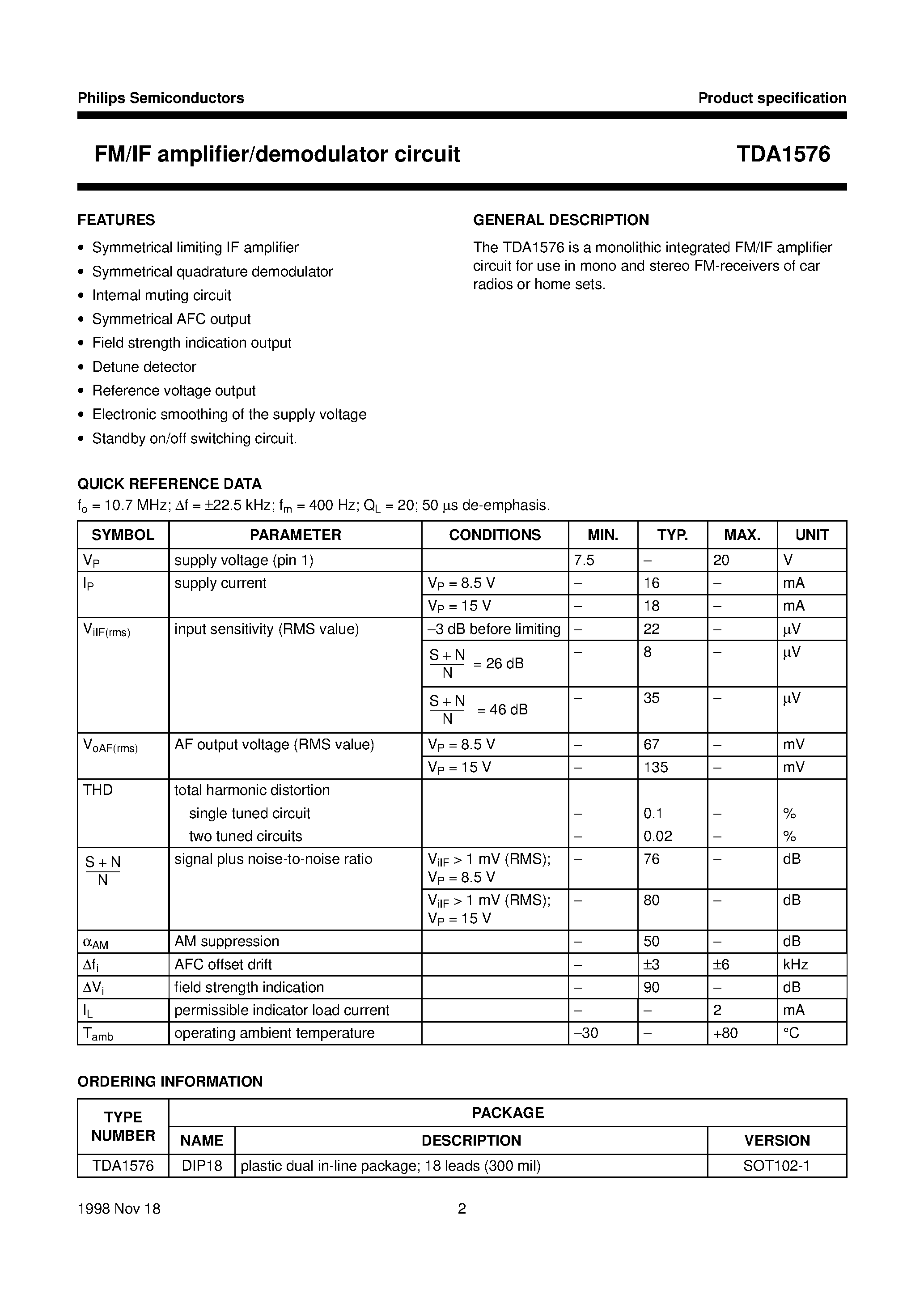Datasheet TDA1576 page 2 Datasheet TDA1576 - FM/IF amplifier/demodulator circuit page 2