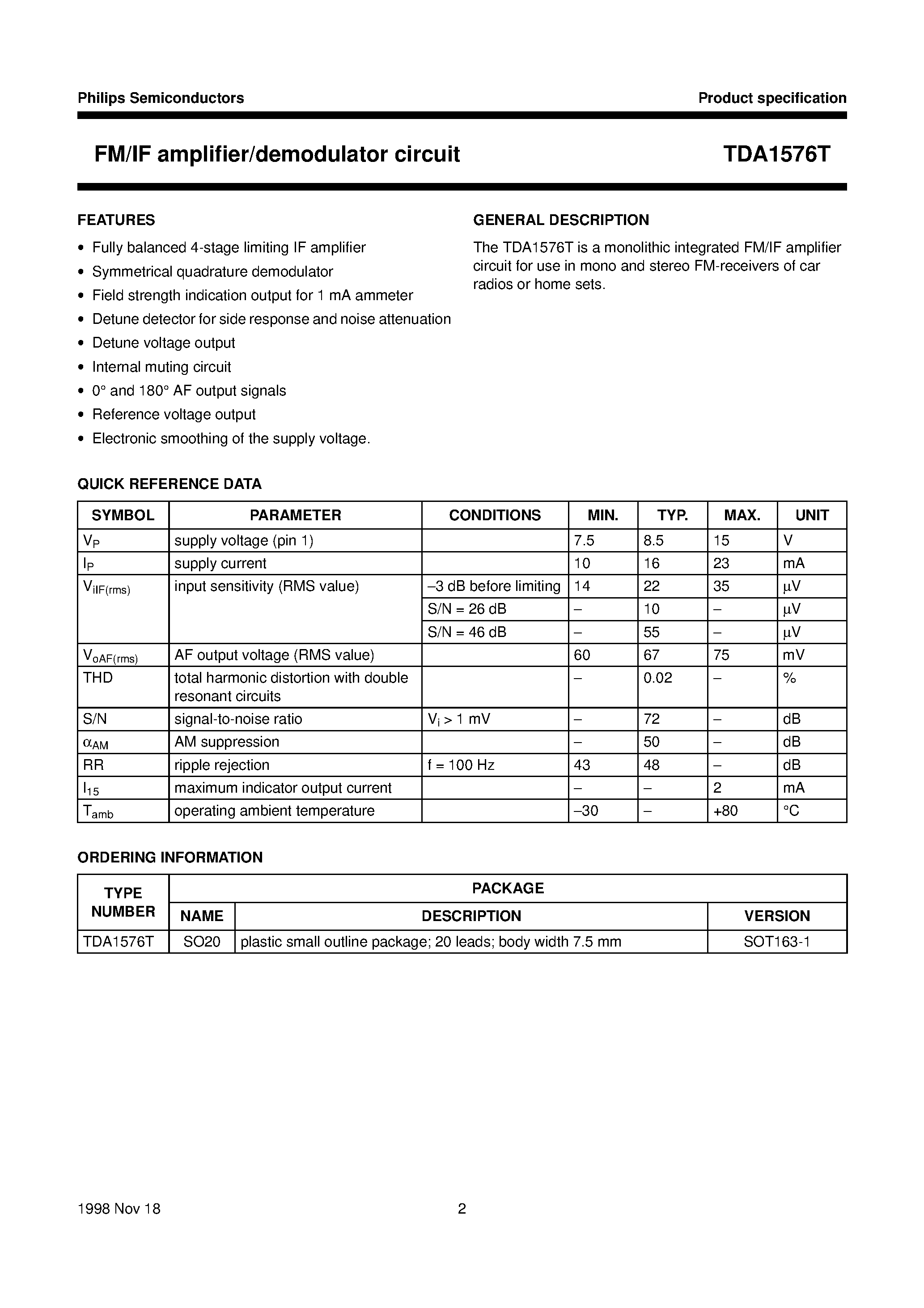 Datasheet TDA1576T page 2 Datasheet TDA1576T - FM/IF amplifier/demodulator circuit page 2