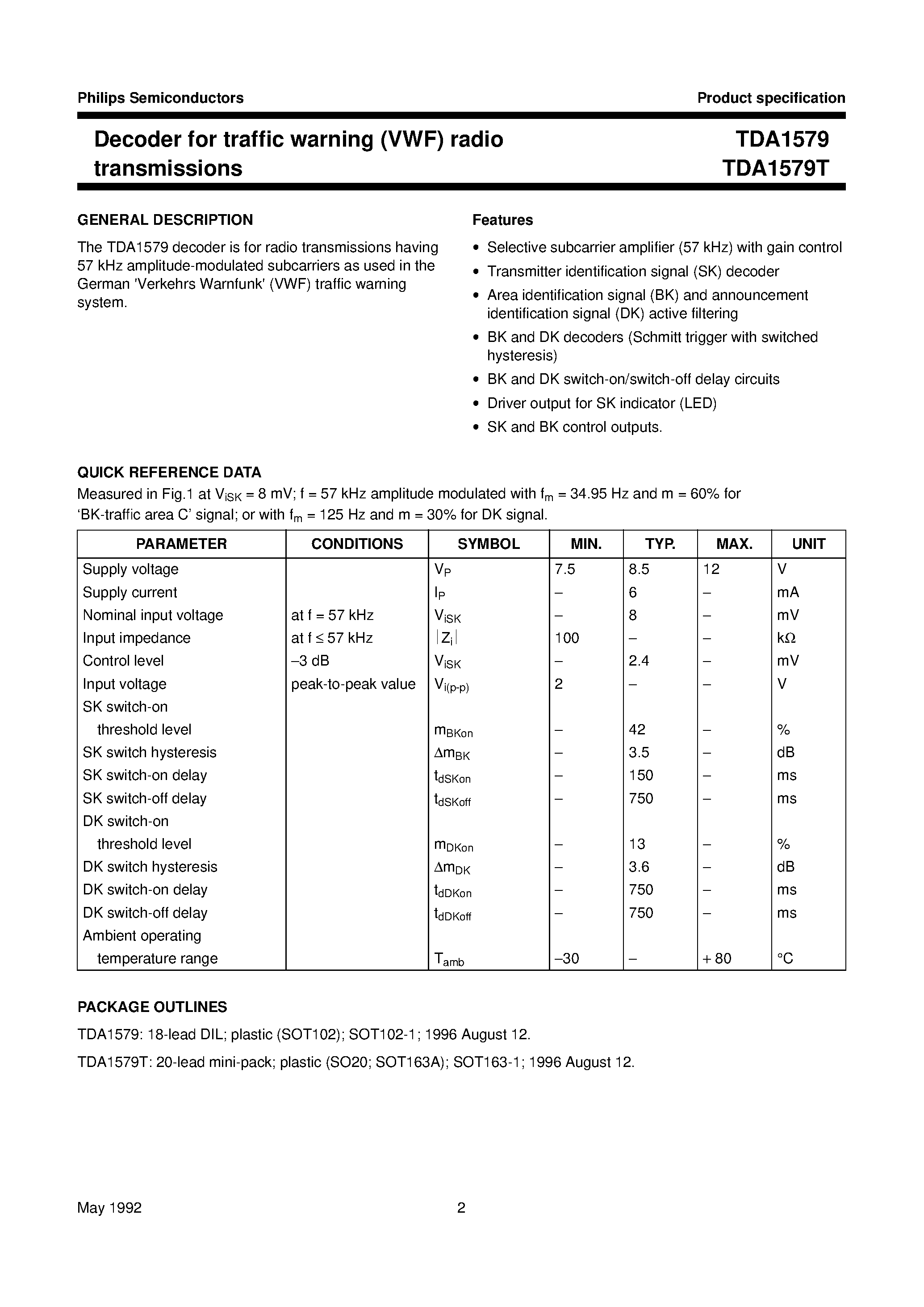 Datasheet TDA1579 page 2 Datasheet TDA1579 - Decoder for traffic warning VWF radio transmissions page 2