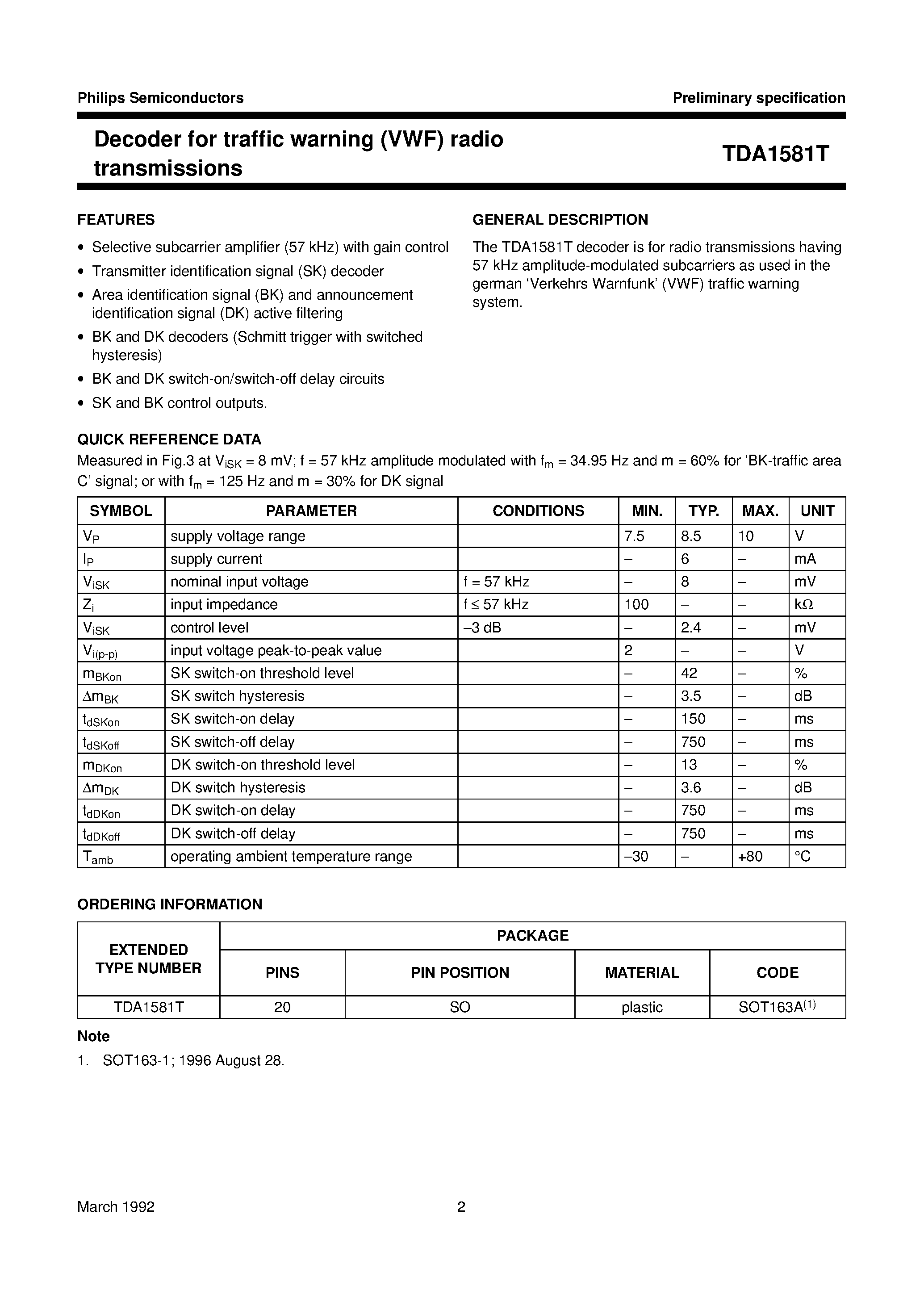Datasheet TDA1581T page 2 Datasheet TDA1581T - Decoder for traffic warning VWF radio transmissions page 2