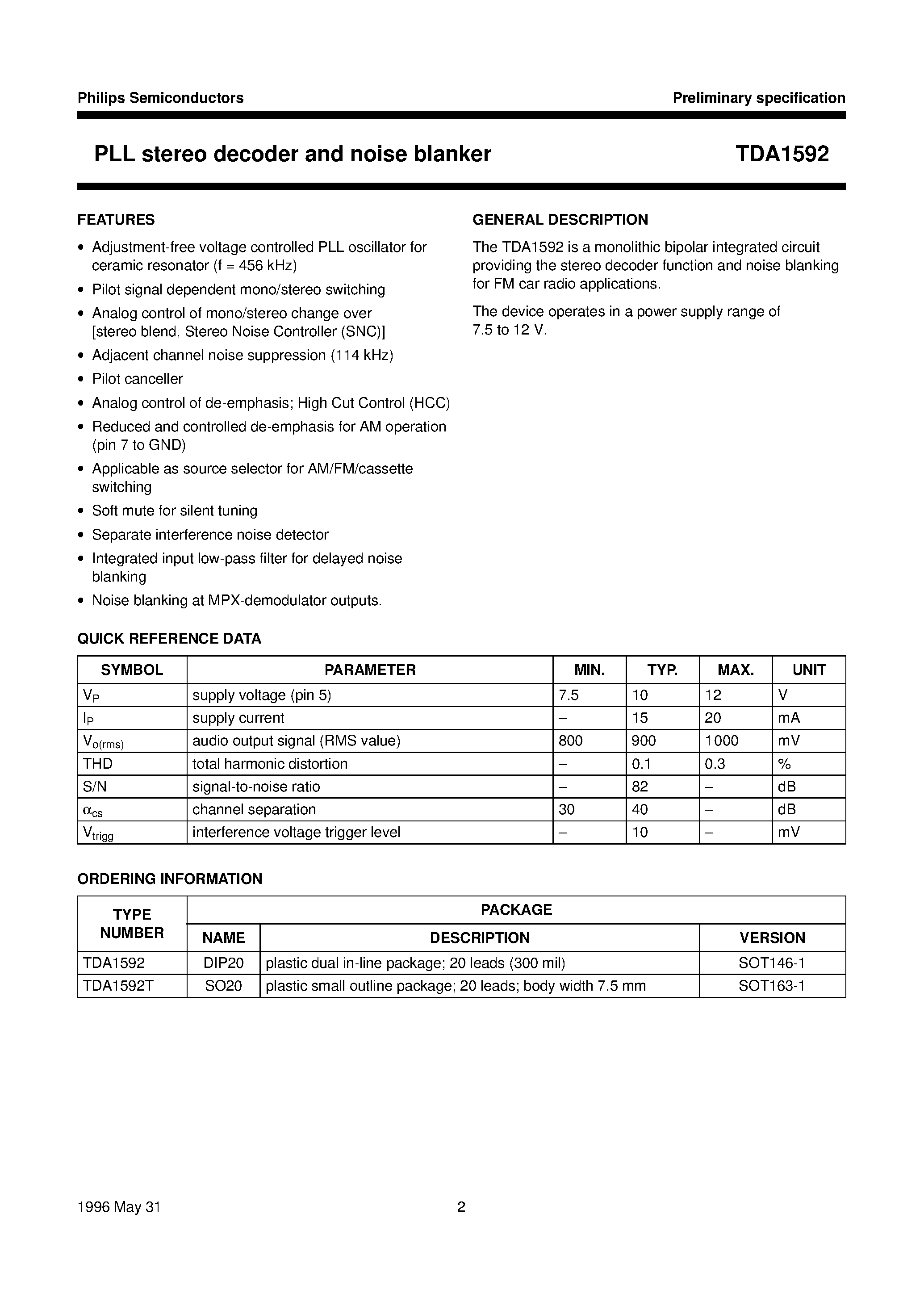 Datasheet TDA1592 page 2 Datasheet TDA1592 - PLL stereo decoder and noise blanker page 2