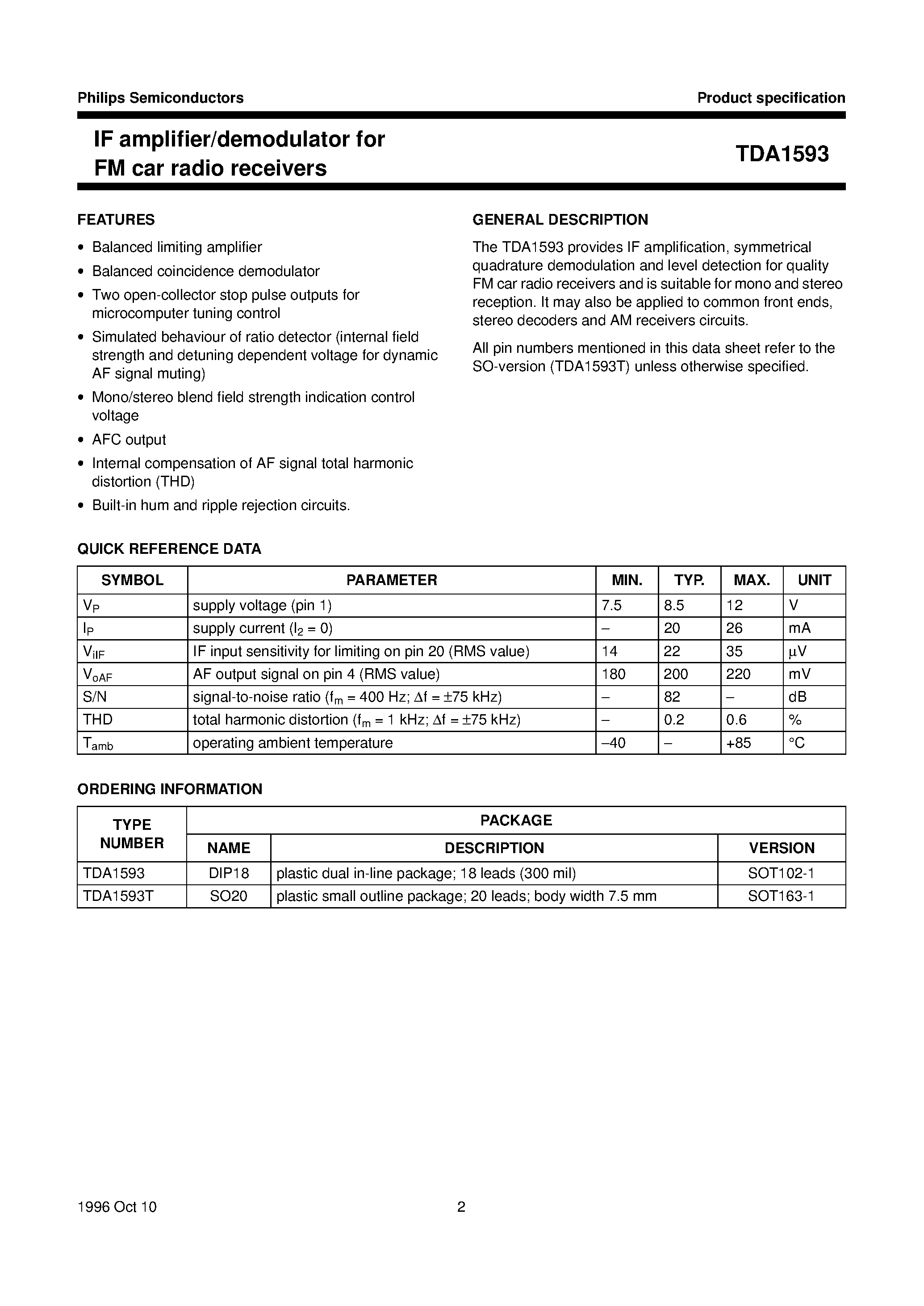 Datasheet TDA1593 page 2 Datasheet TDA1593 - IF amplifier/demodulator for FM car radio receivers page 2