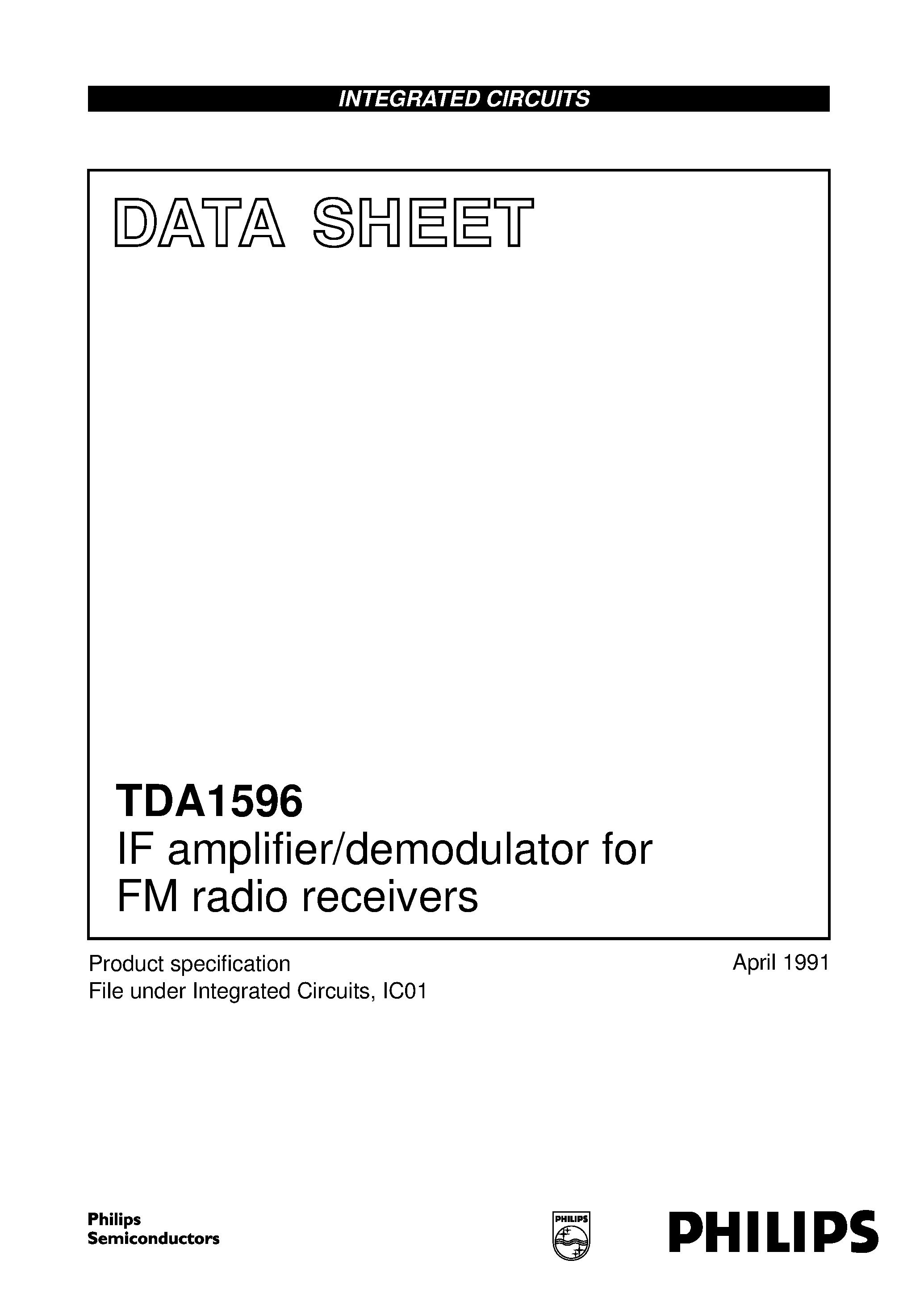 Datasheet TDA1596 page 1 Datasheet TDA1596 - IF amplifier/demodulator for FM radio receivers page 1