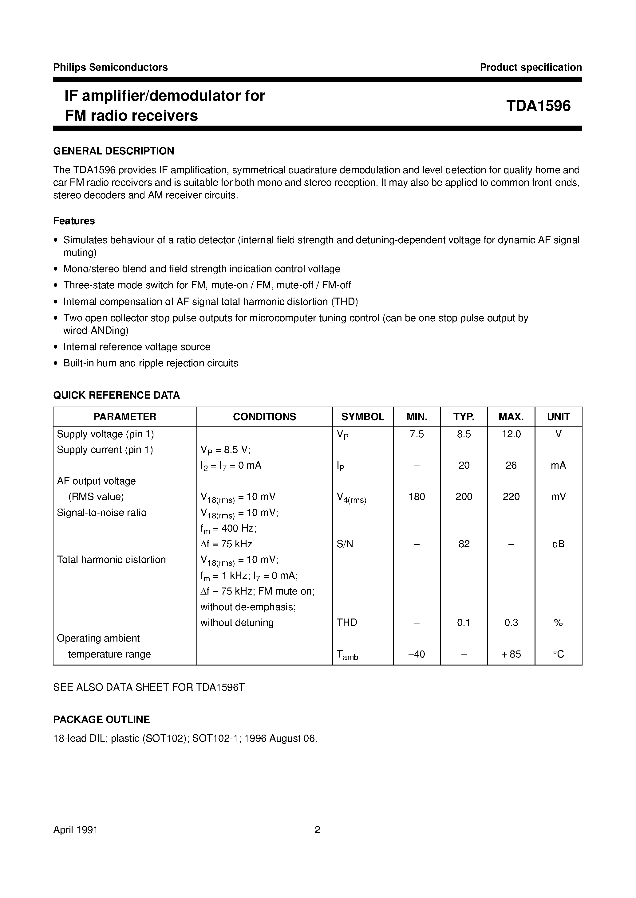 Datasheet TDA1596 page 2 Datasheet TDA1596 - IF amplifier/demodulator for FM radio receivers page 2