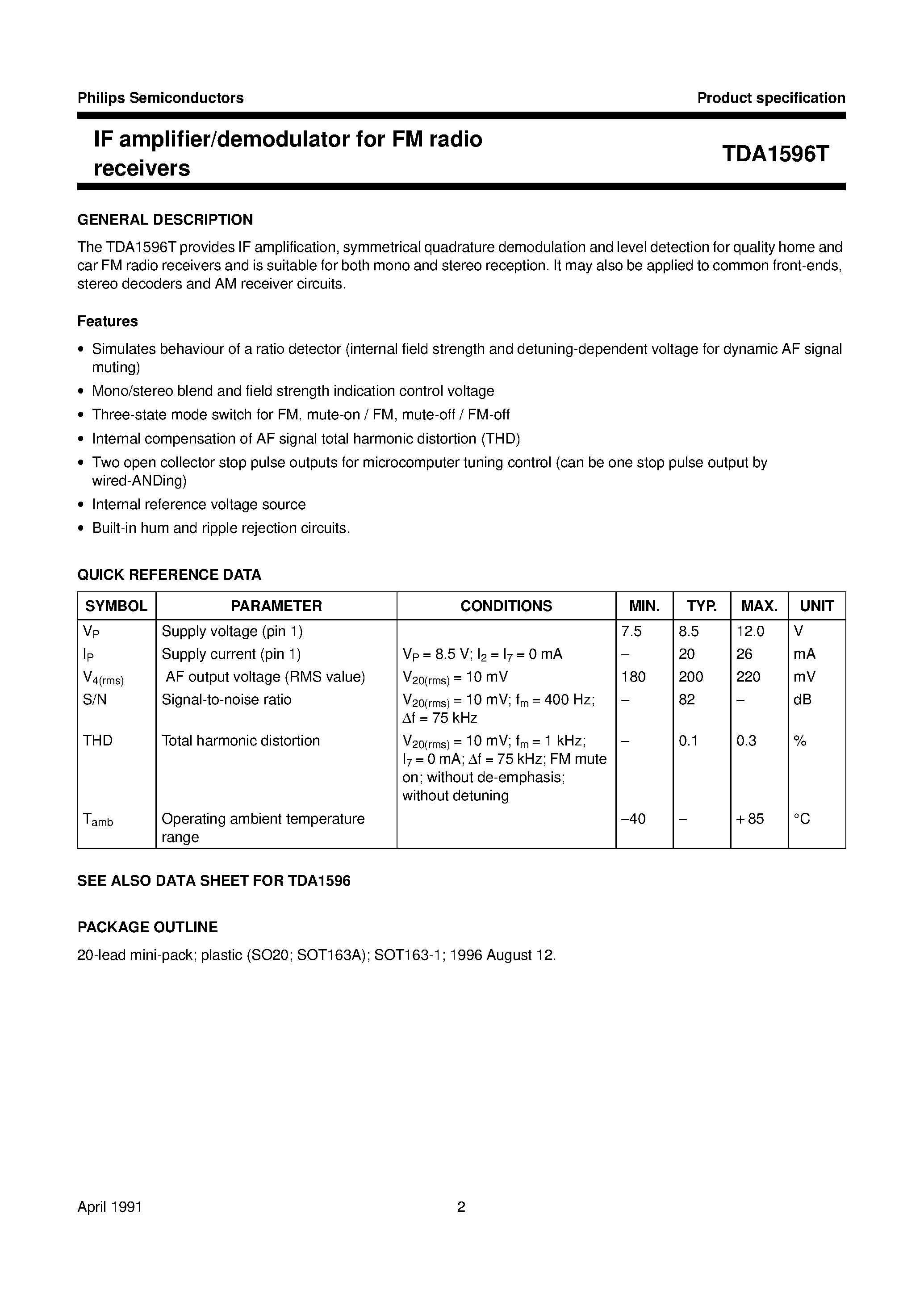 Datasheet TDA1596T page 2 Datasheet TDA1596T - IF amplifier/demodulator for FM radio receivers page 2