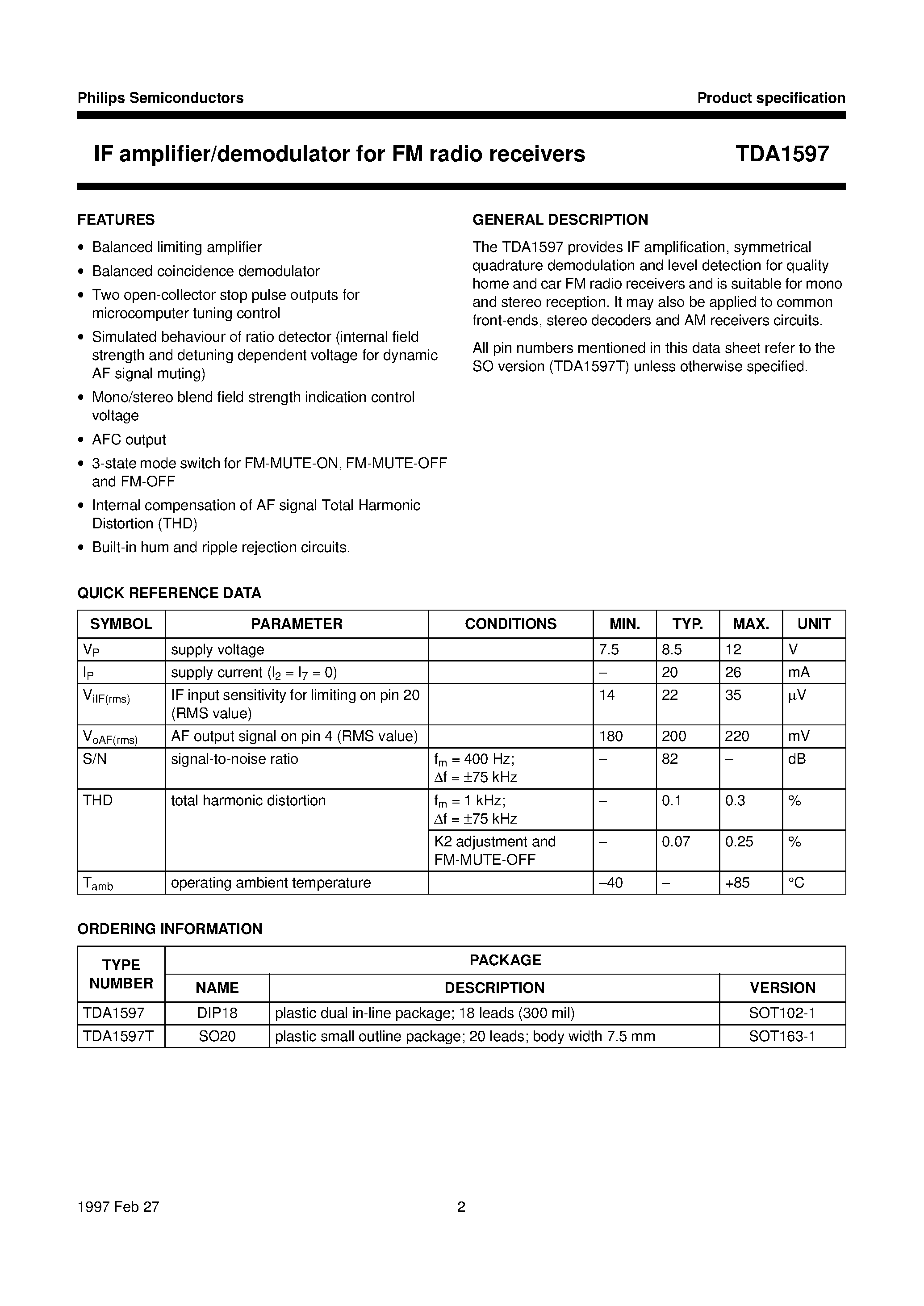 Datasheet TDA1597 page 2 Datasheet TDA1597 - IF amplifier/demodulator for FM radio receivers page 2