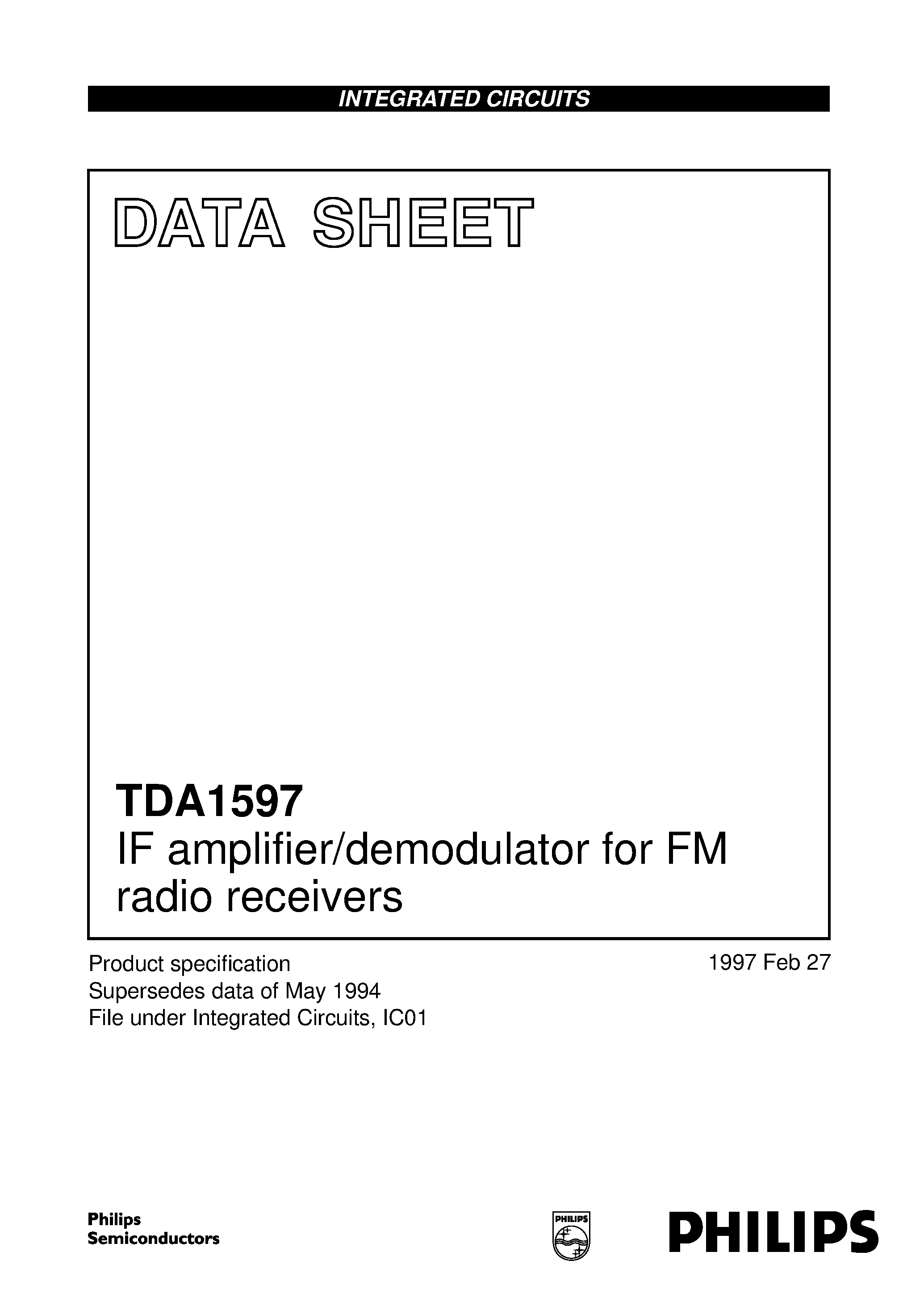 Datasheet TDA1597T page 1 Datasheet TDA1597T - IF amplifier/demodulator for FM radio receivers page 1