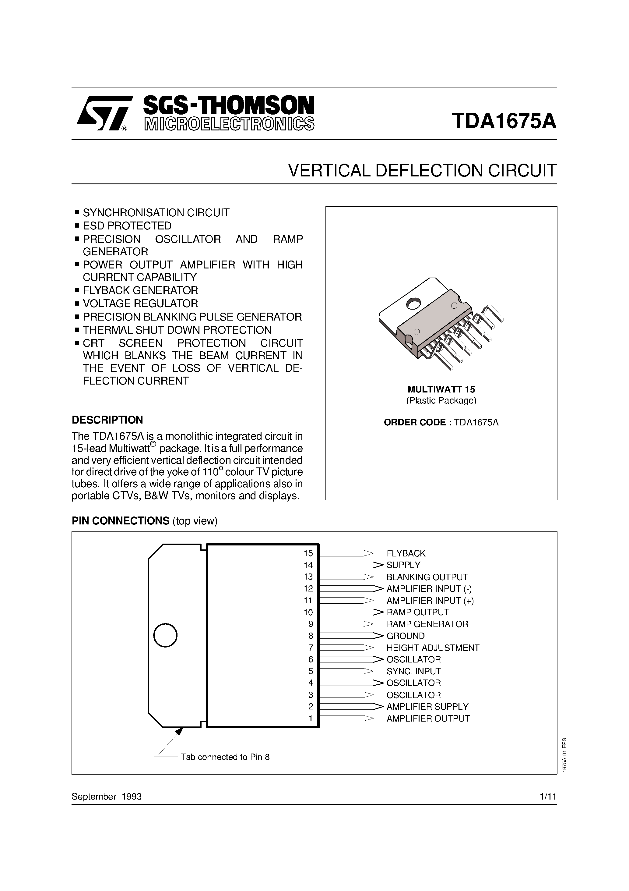 Даташит TDA1675A - VERTICAL DEFLECTION CIRCUIT страница 1