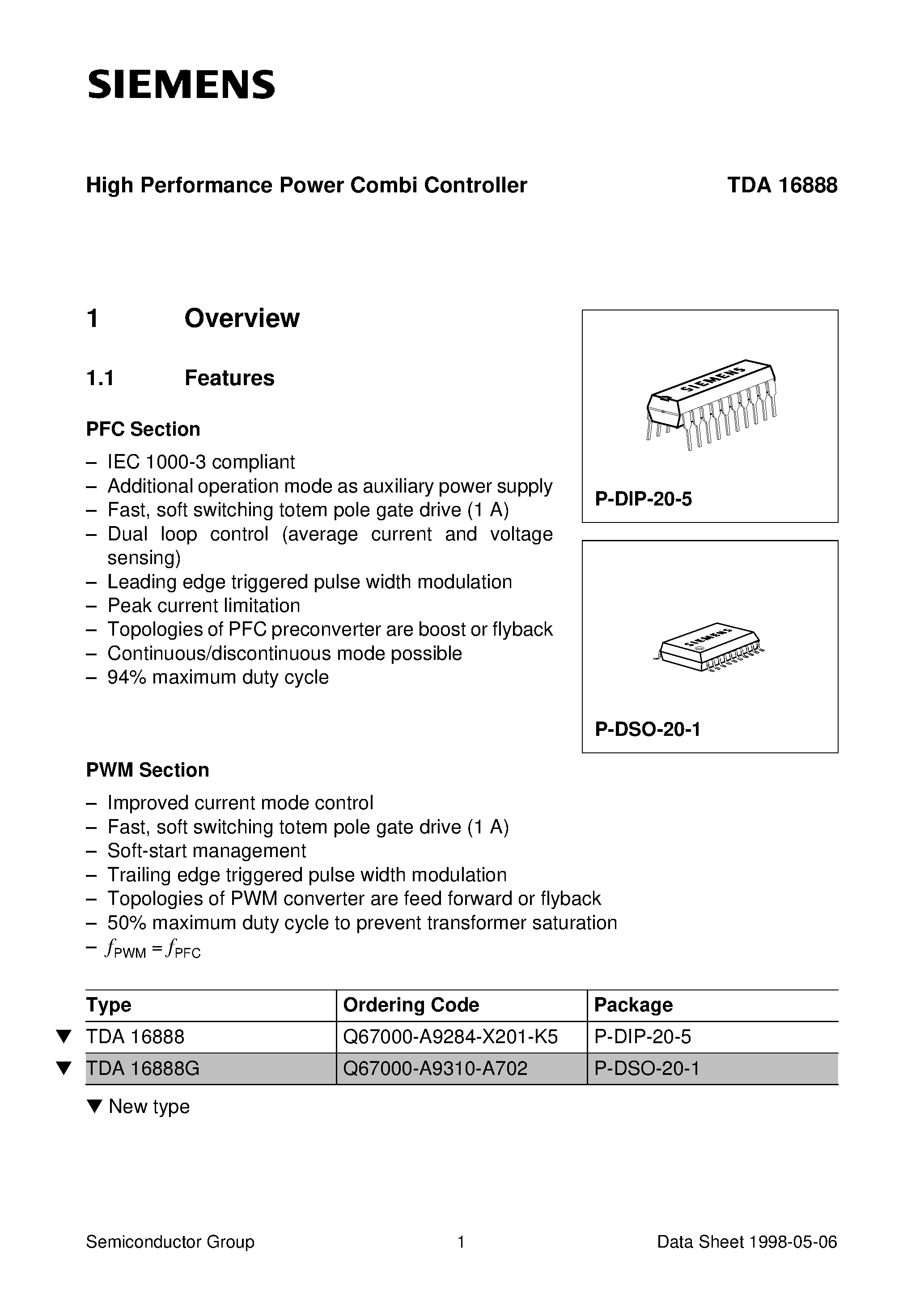 Datasheet TDA16888 page 1 Datasheet TDA16888 - High Performance Power Combi Controller page 1