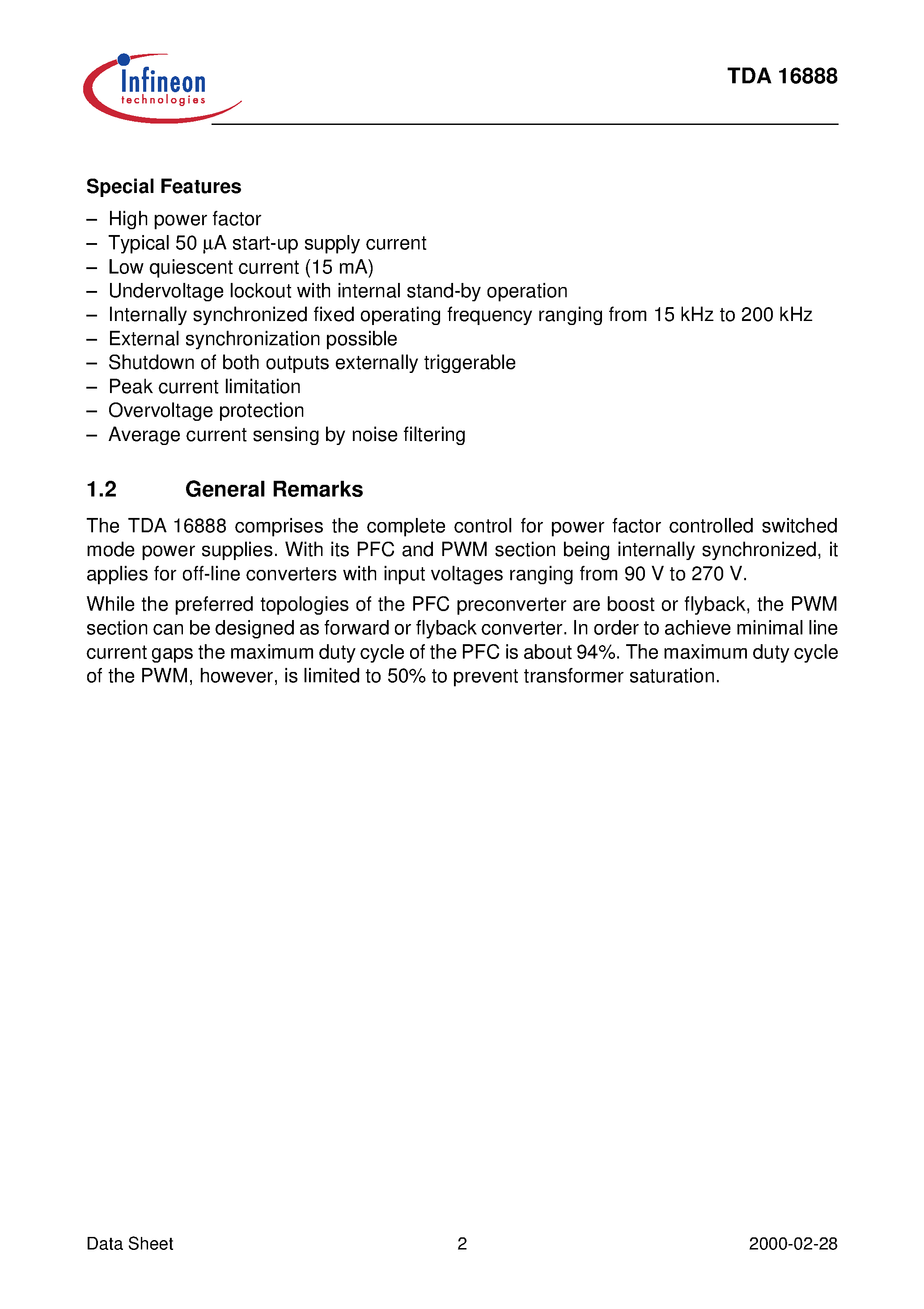 Datasheet TDA16888 - High Performance Power Combi Controller page 2