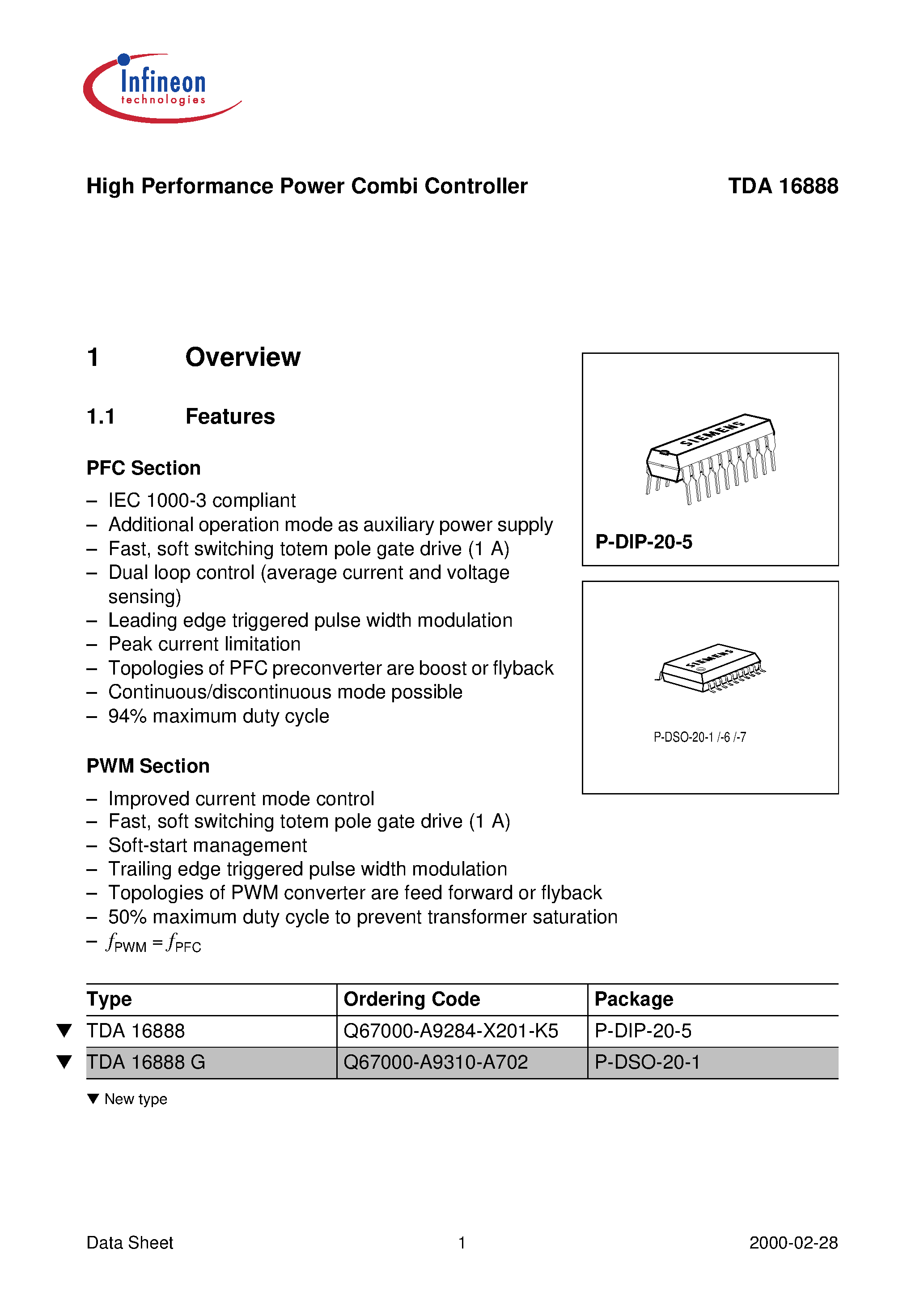 Datasheet TDA16888G - High Performance Power Combi Controller page 1