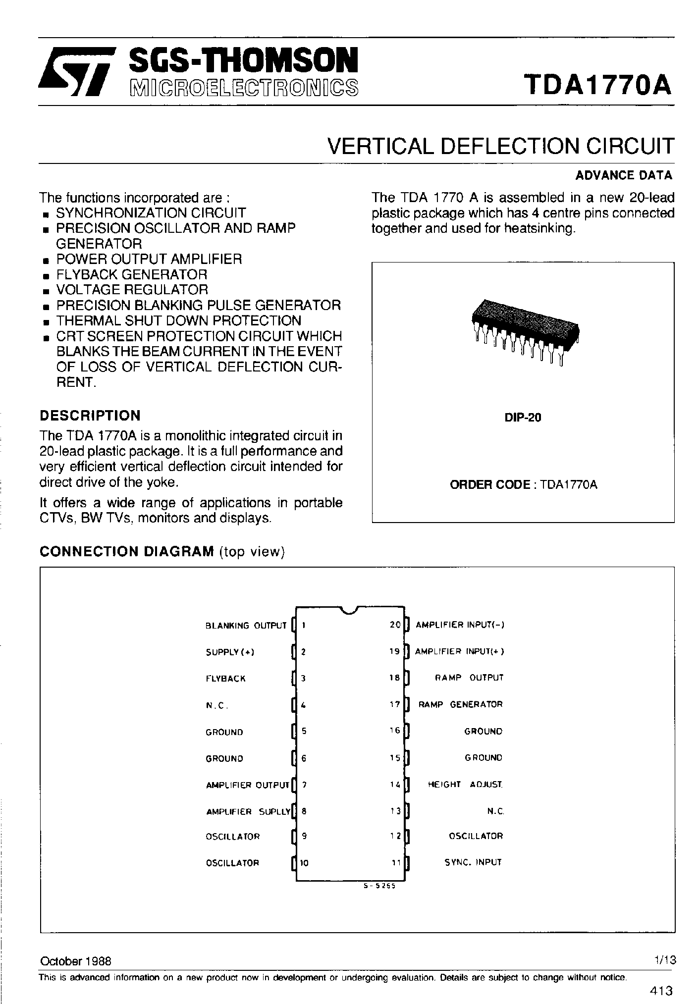 Даташит на микросхему TDA1770A страница 1 Даташит TDA1770A - VERTICAL DEFLECTION CIRCUIT страница 1