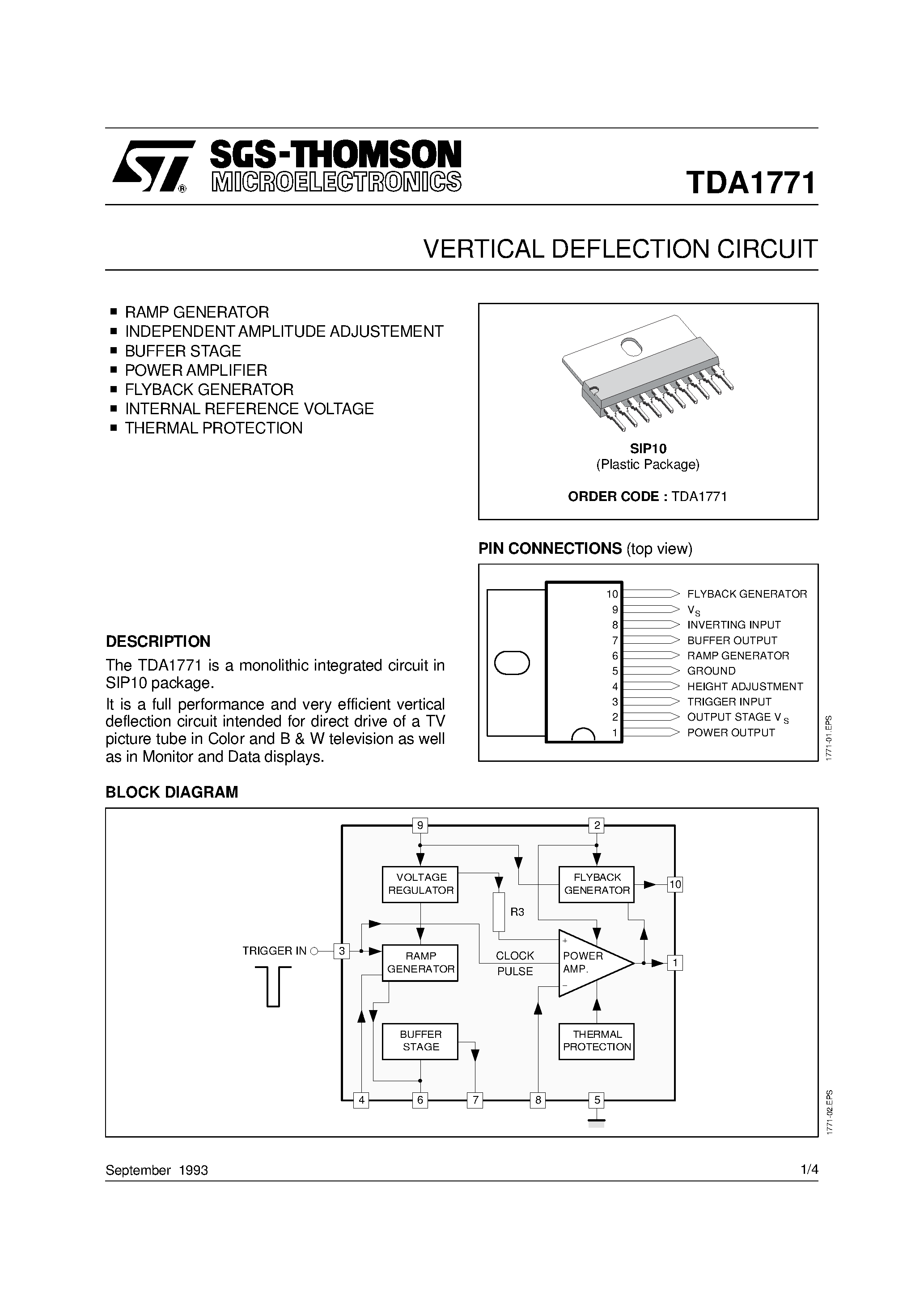 Даташит на микросхему TDA1771 страница 1 Даташит TDA1771 - VERTICAL DEFLECTION CIRCUIT страница 1