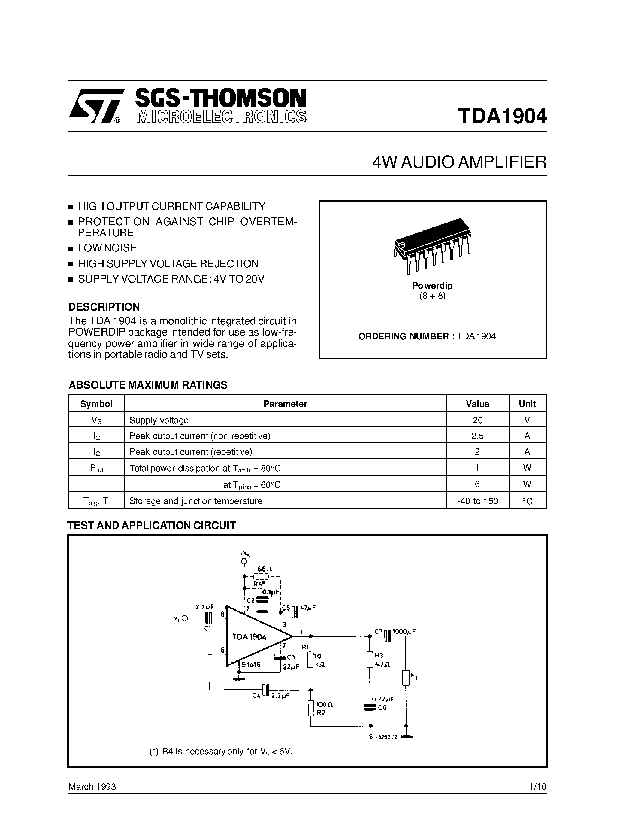 Даташит на микросхему TDA1904 страница 1 Даташит TDA1904 - 4WAUDIO AMPLIFIER страница 1