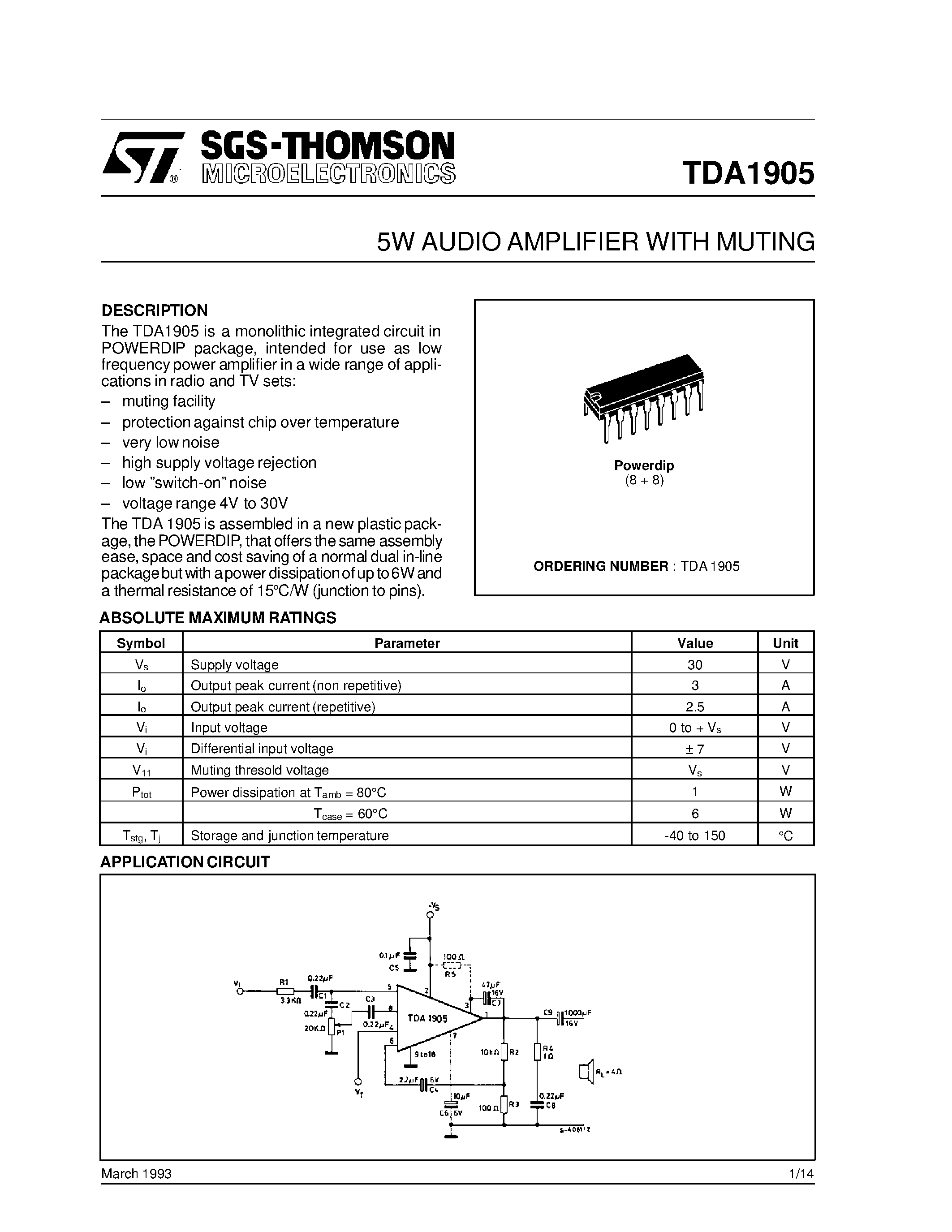 Даташит на микросхему TDA1905 страница 1 Даташит TDA1905 - 5W AUDIO AMPLIFIER WITH MUTING страница 1