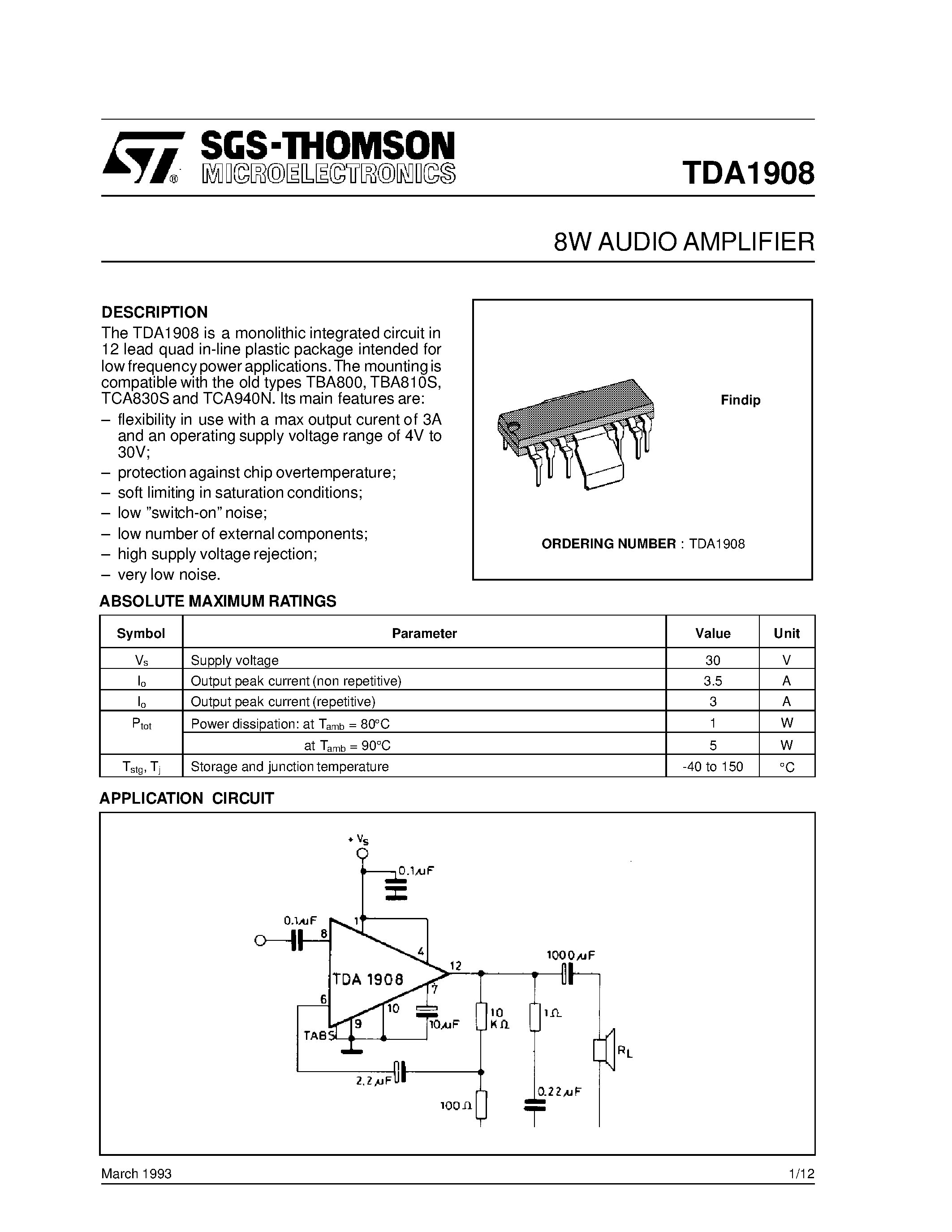 Даташит на микросхему TDA1908 страница 1 Даташит TDA1908 - 8W AUDIO AMPLIFIER страница 1