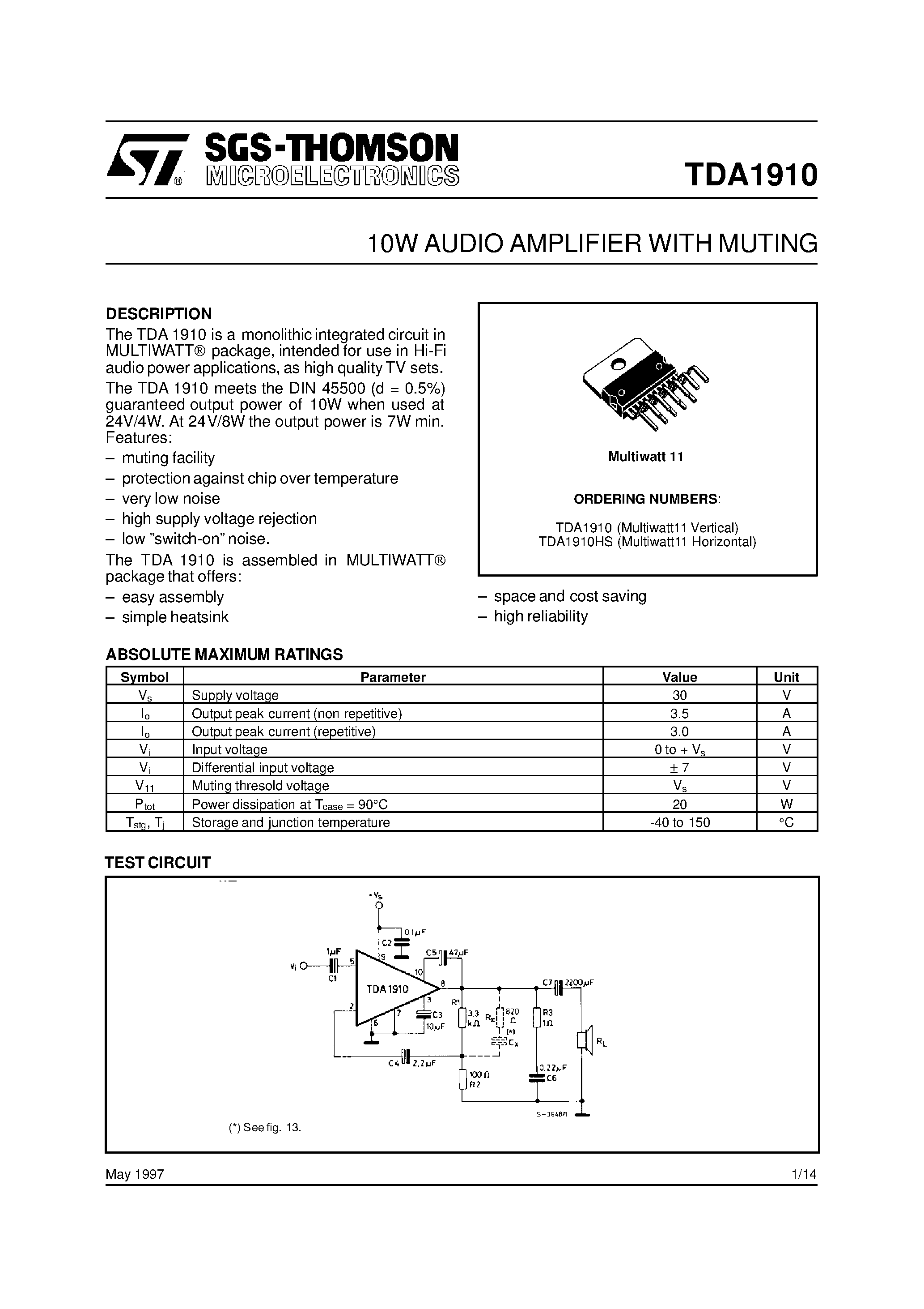 Datasheet TDA1910HS page 1 Datasheet TDA1910HS - 10W AUDIO AMPLIFIER WITH MUTING page 1