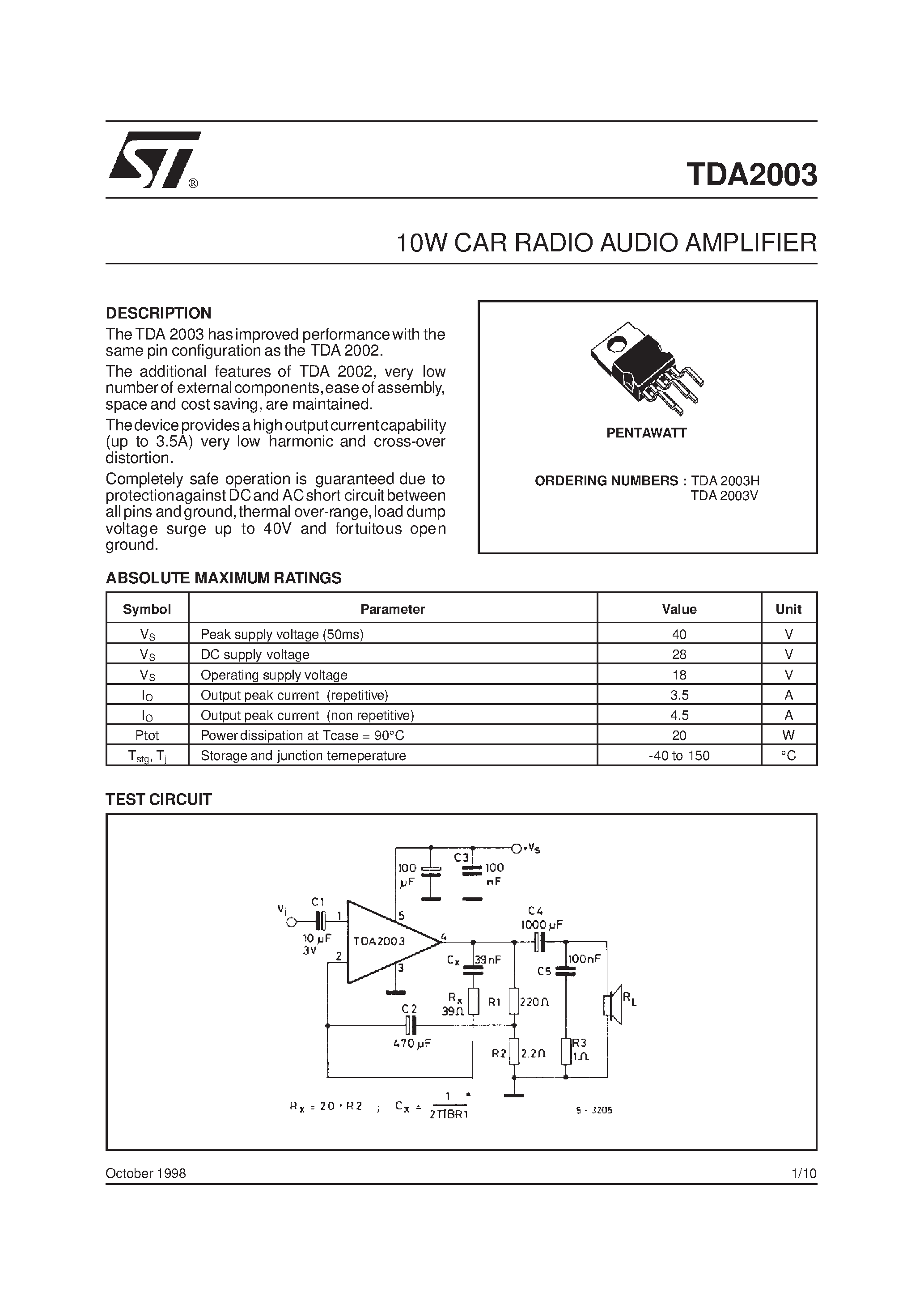 Даташит TDA2003 - 10W CAR RADIO AUDIO AMPLIFIER страница 1