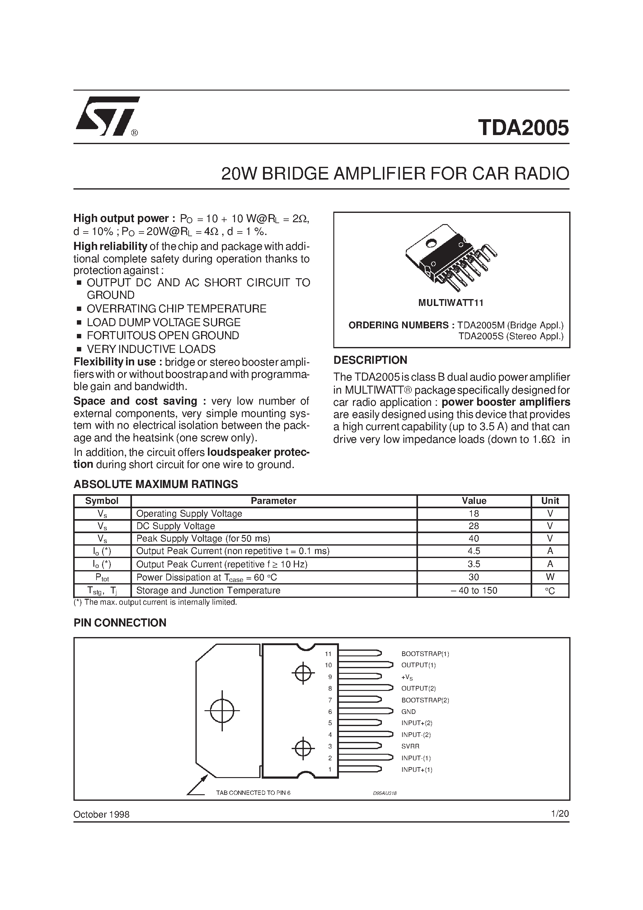 Даташит на микросхему TDA2005S страница 1 Даташит TDA2005S - 20W BRIDGE AMPLIFIER FOR CAR RADIO страница 1