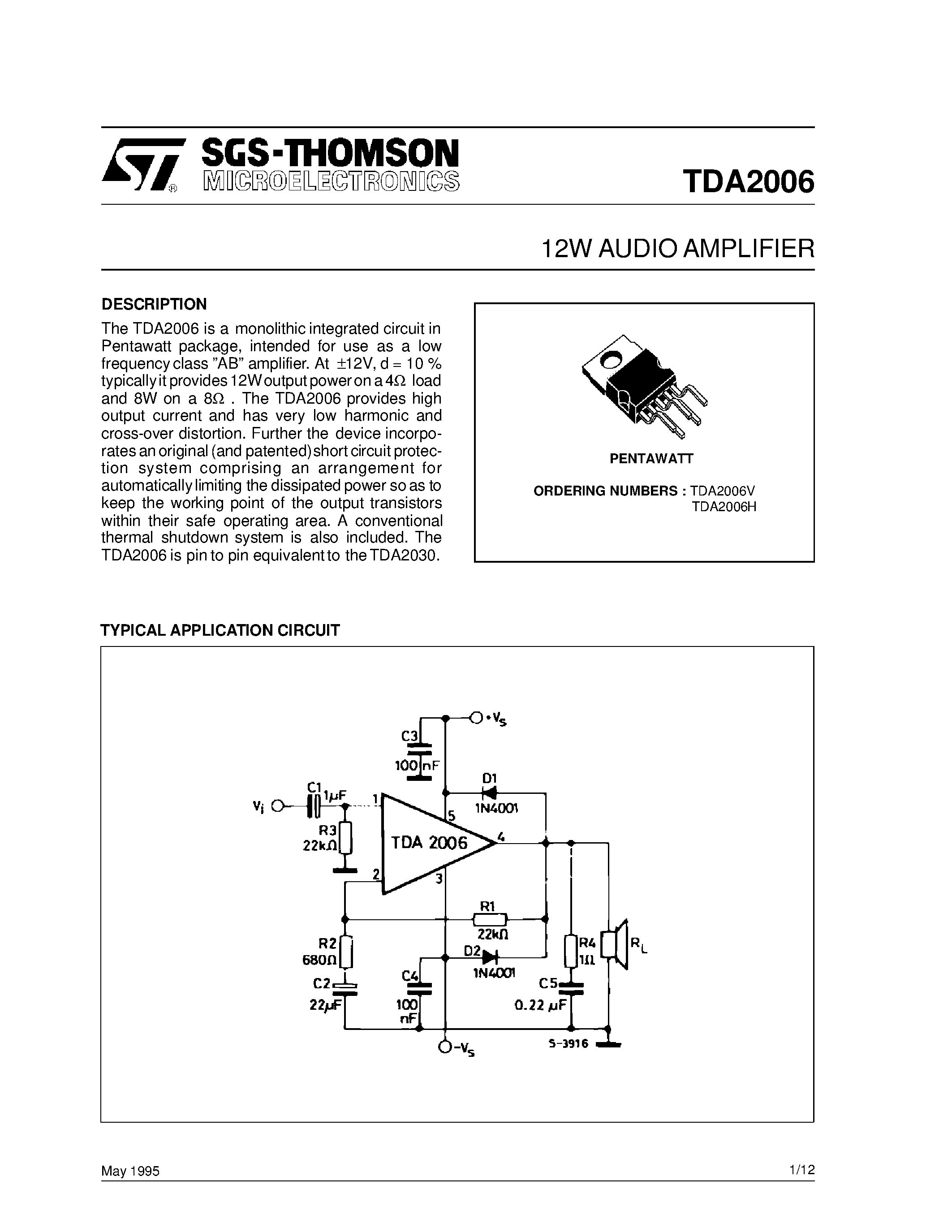 Даташит на микросхему TDA2006V страница 1 Даташит TDA2006V - 12W AUDIO AMPLIFIER страница 1