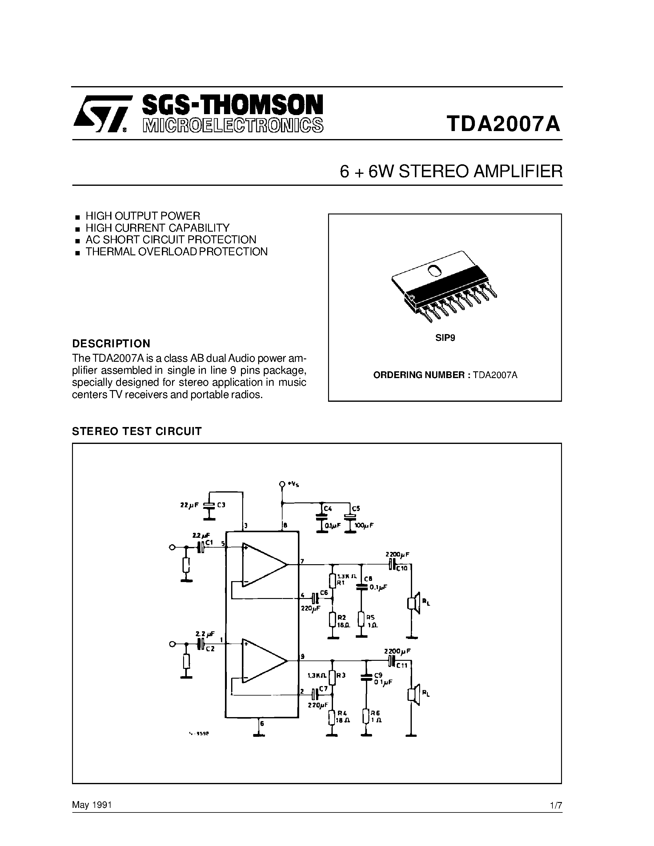 Datasheet TDA2007 - 6 + 6W STEREO AMPLIFIER page 1
