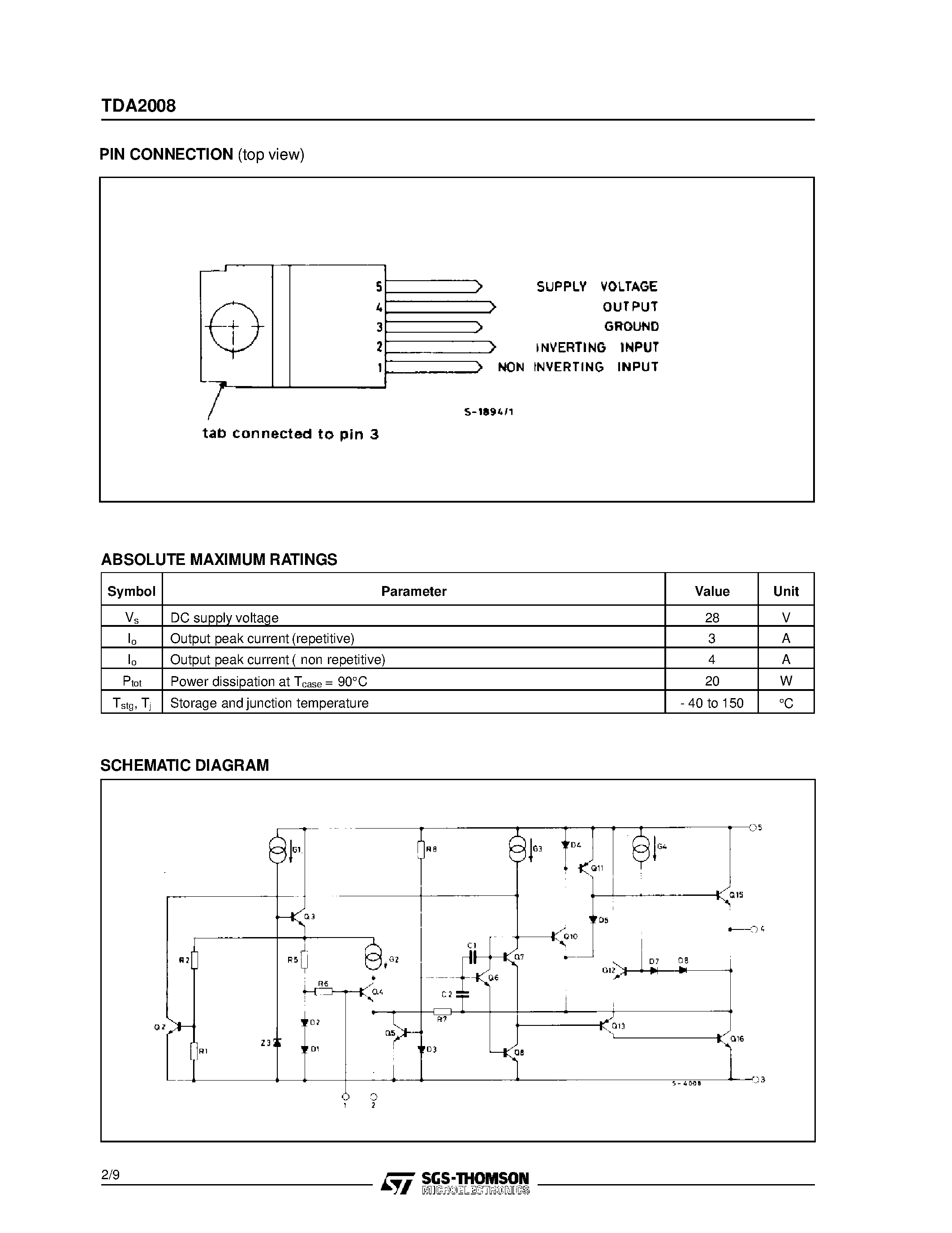Datasheet TDA2008 page 2 Datasheet TDA2008 - 12W AUDIO AMPLIFIER Vs = 22V/ RL= 4ohm page 2