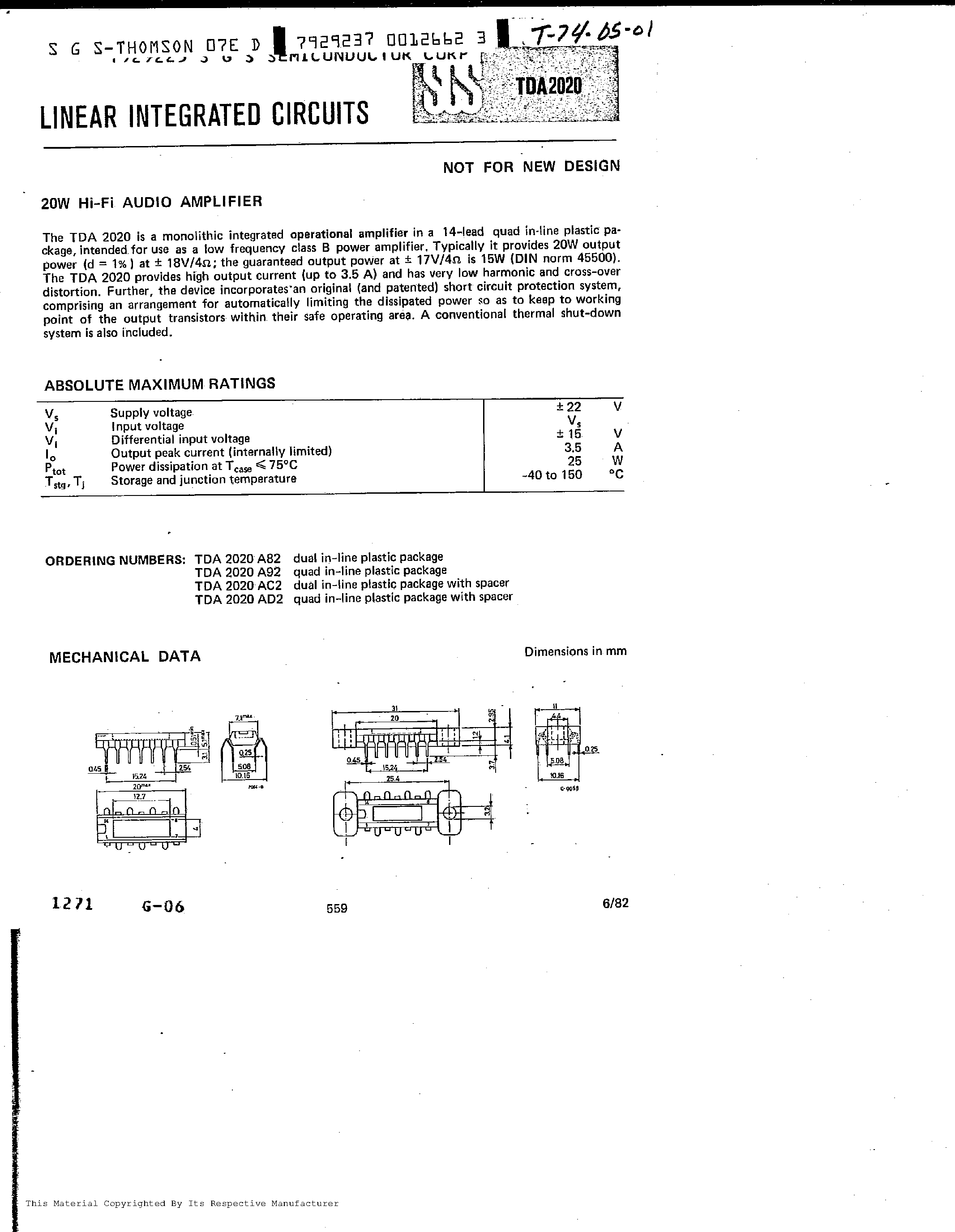 Даташит TDA2020A92 - LINEAR INTEGRATED CIRCUITS страница 1
