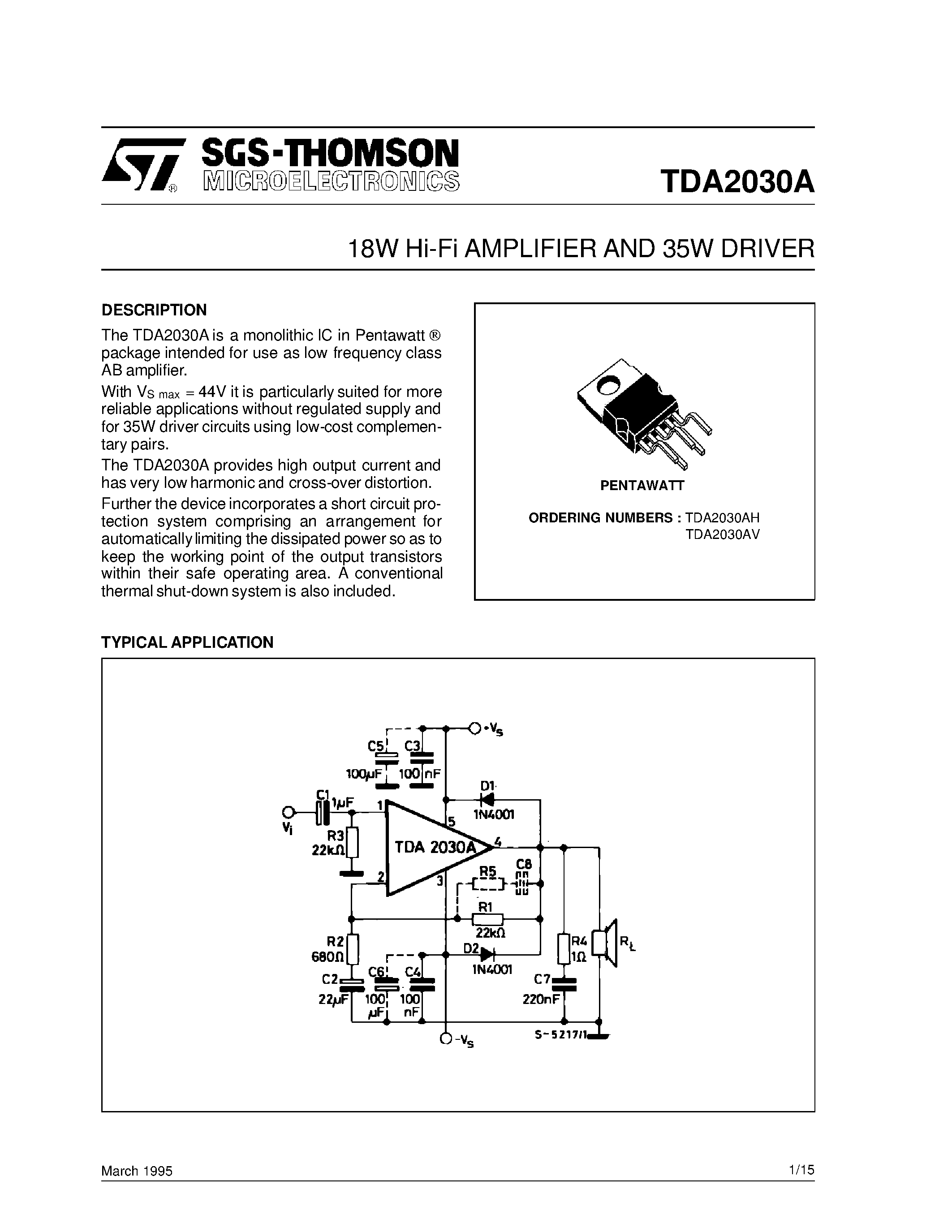Datasheet TDA2030AH - 18W Hi-Fi AMPLIFIER AND 35W DRIVER page 1