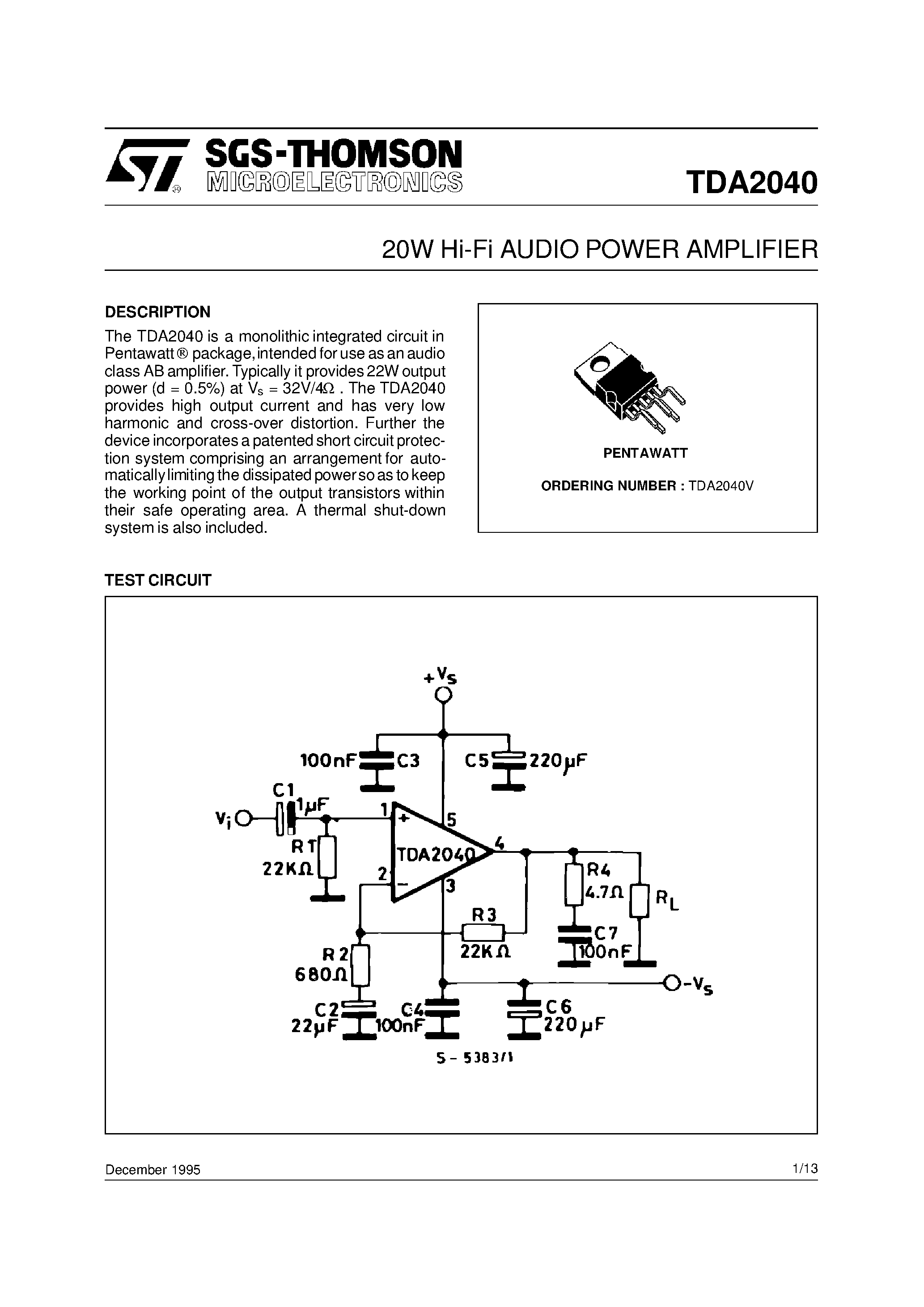 Даташит на микросхему TDA2040 страница 1 Даташит TDA2040 - 20W Hi-Fi AUDIO POWER AMPLIFIER страница 1