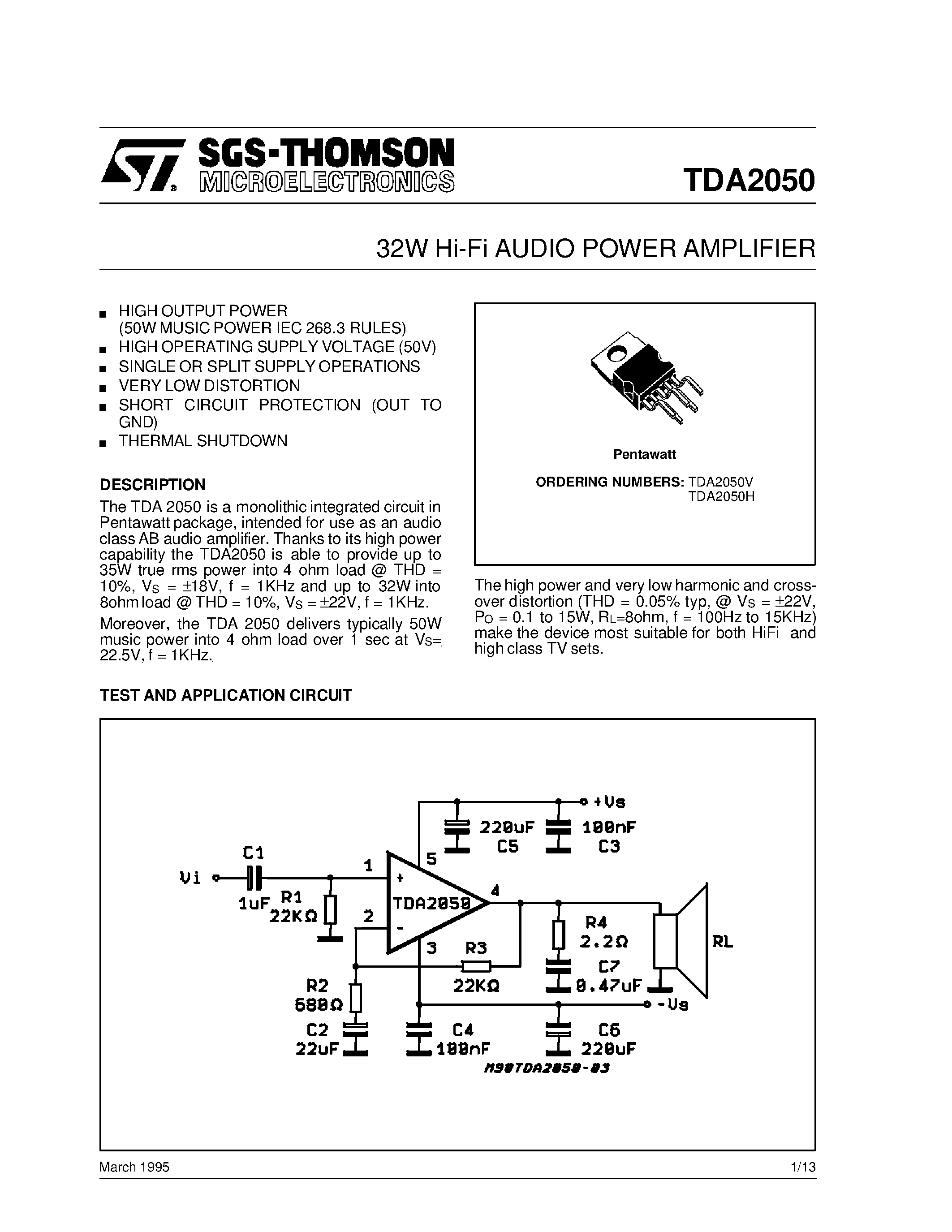 Даташит TDA2050 - 32W Hi-Fi AUDIO POWER AMPLIFIER страница 1