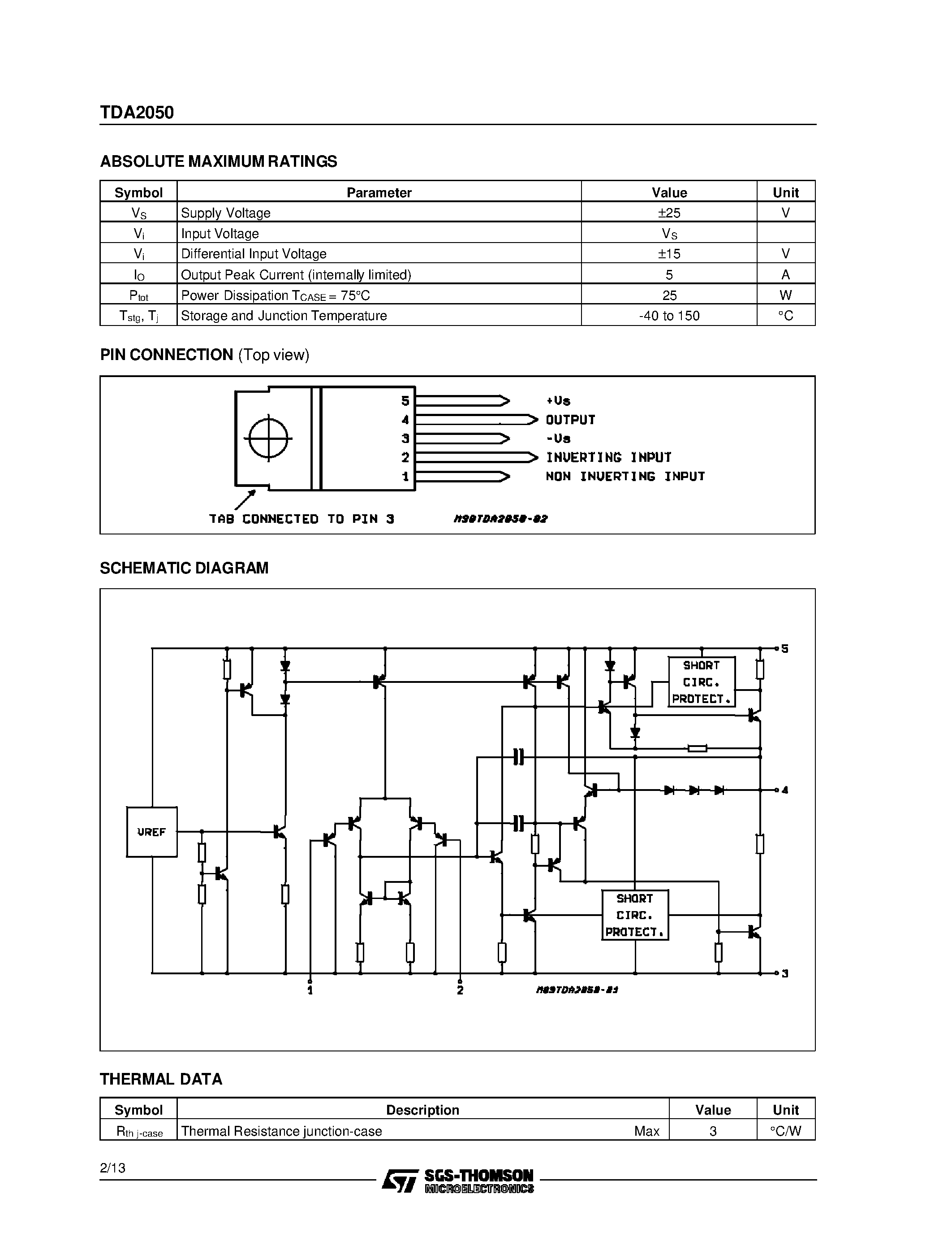 Datasheet TDA2050H - 32W Hi-Fi AUDIO POWER AMPLIFIER page 2