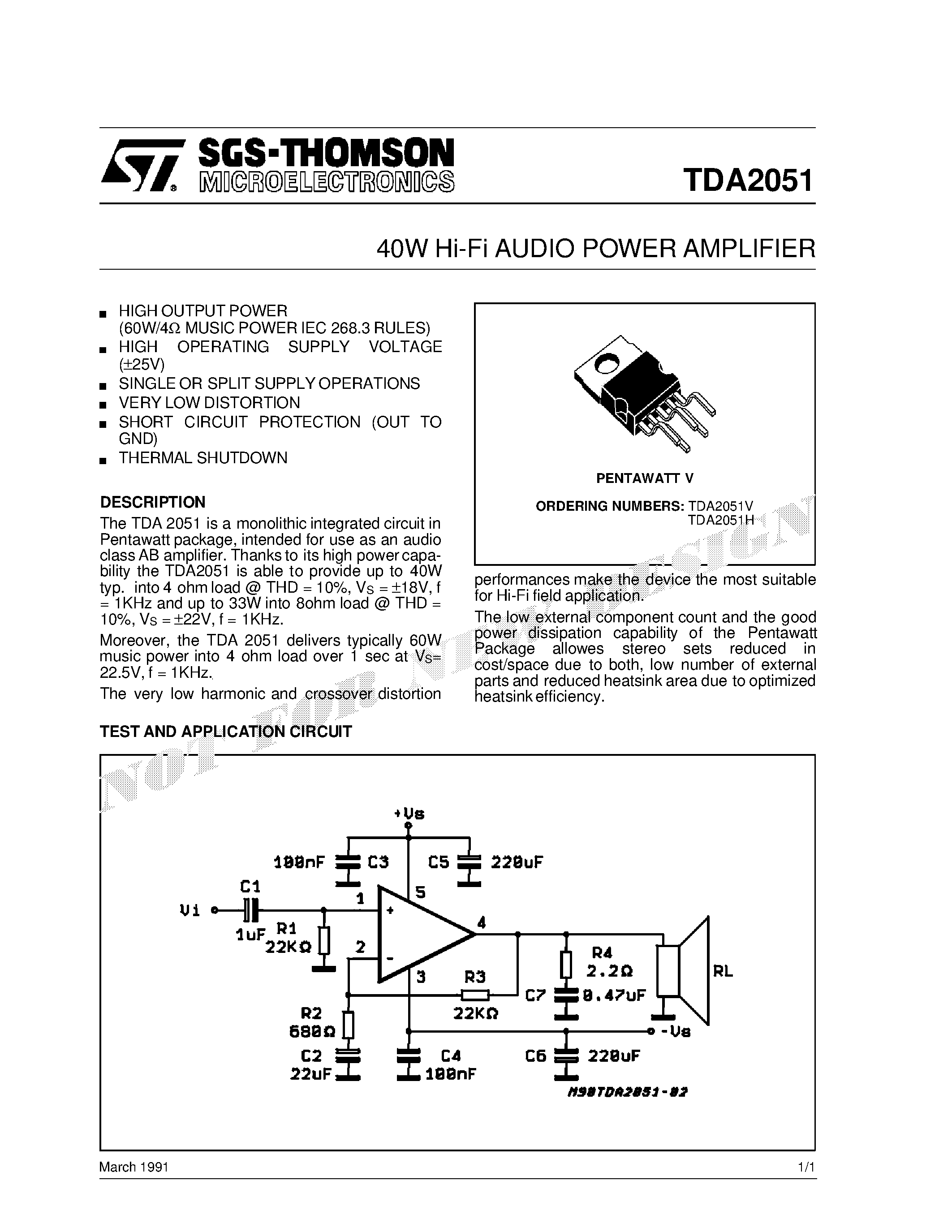 Datasheet TDA2051V - 40W Hi-Fi AUDIO POWER AMPLIFIER page 1