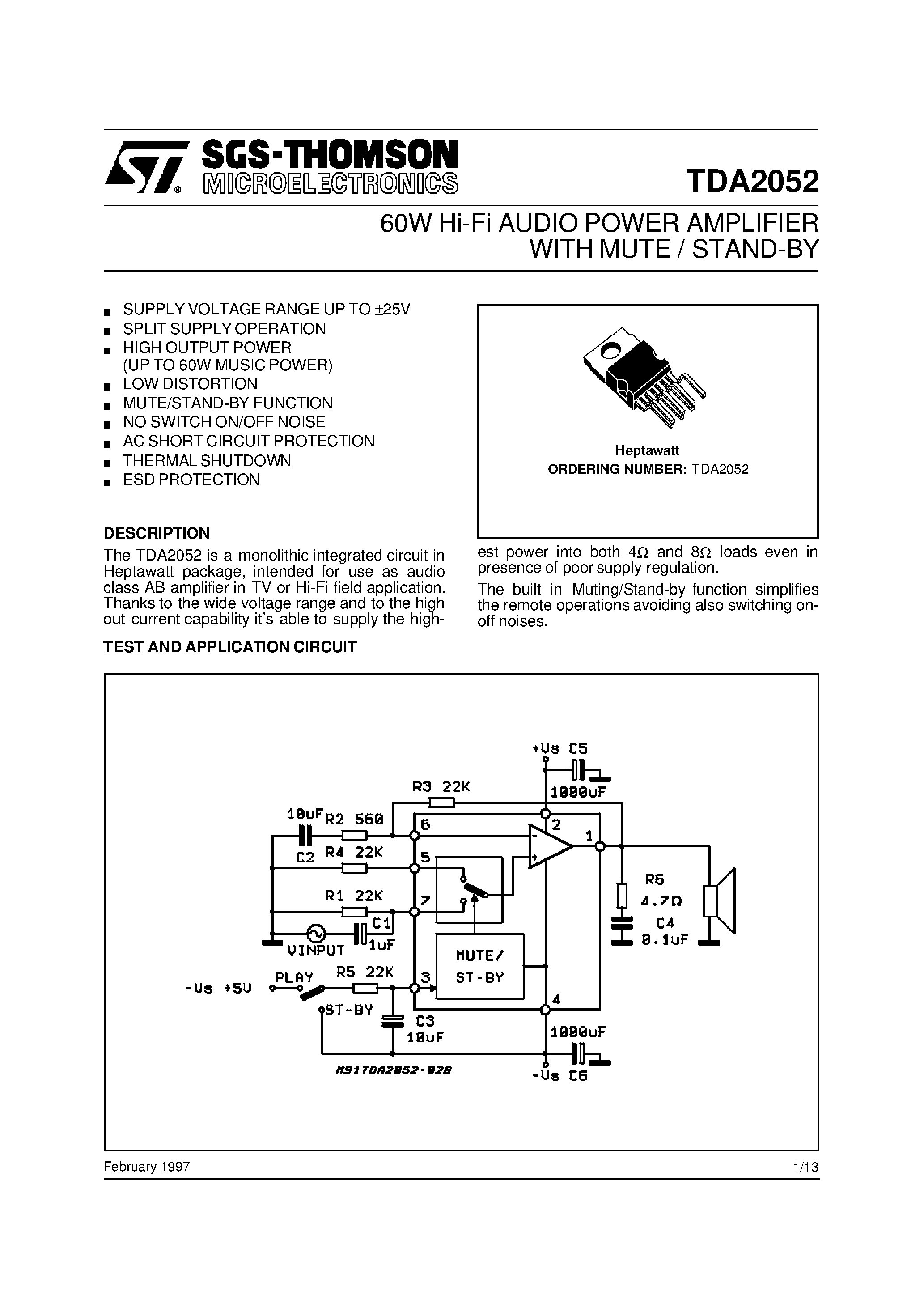 Даташит на микросхему TDA2052 страница 1 Даташит TDA2052 - 60W Hi-Fi AUDIO POWER AMPLIFIER WITH MUTE / STAND-BY страница 1