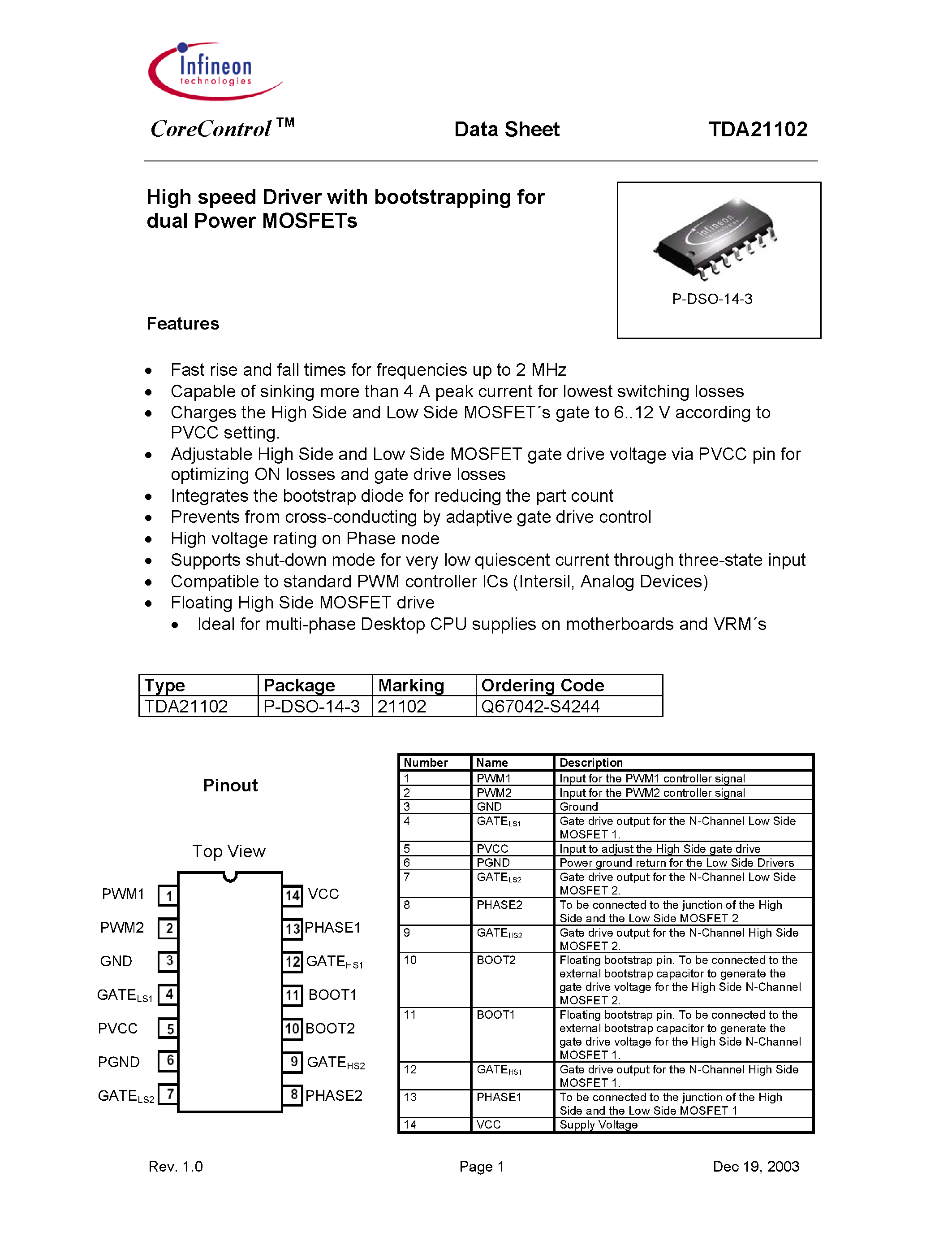 Datasheet TDA21102 page 1 Datasheet TDA21102 - High speed Driver with bootstrapping for dual Power MOSFETs page 1