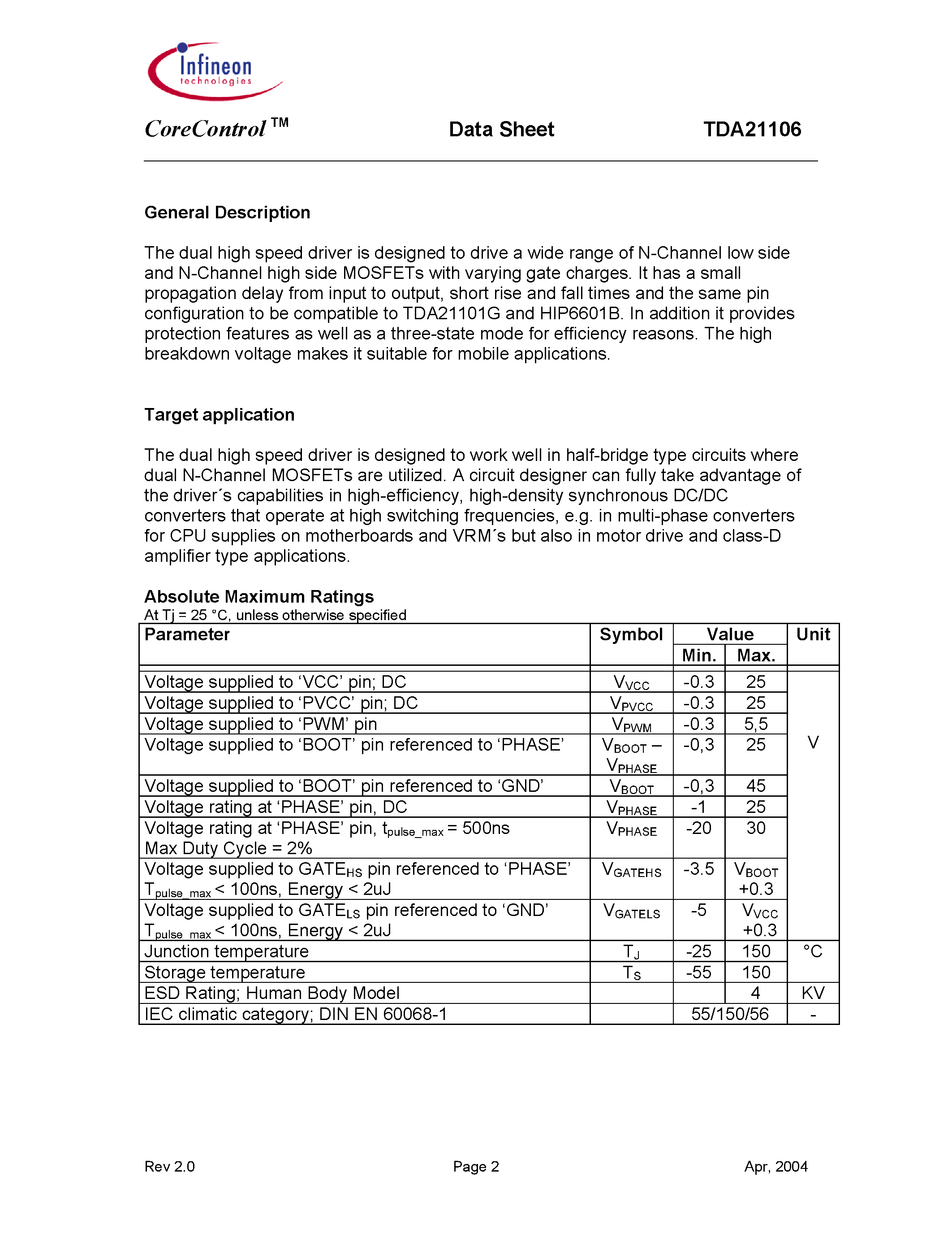 Datasheet TDA21106 - High speed Driver with bootstrapping for dual Power MOSFETs page 2