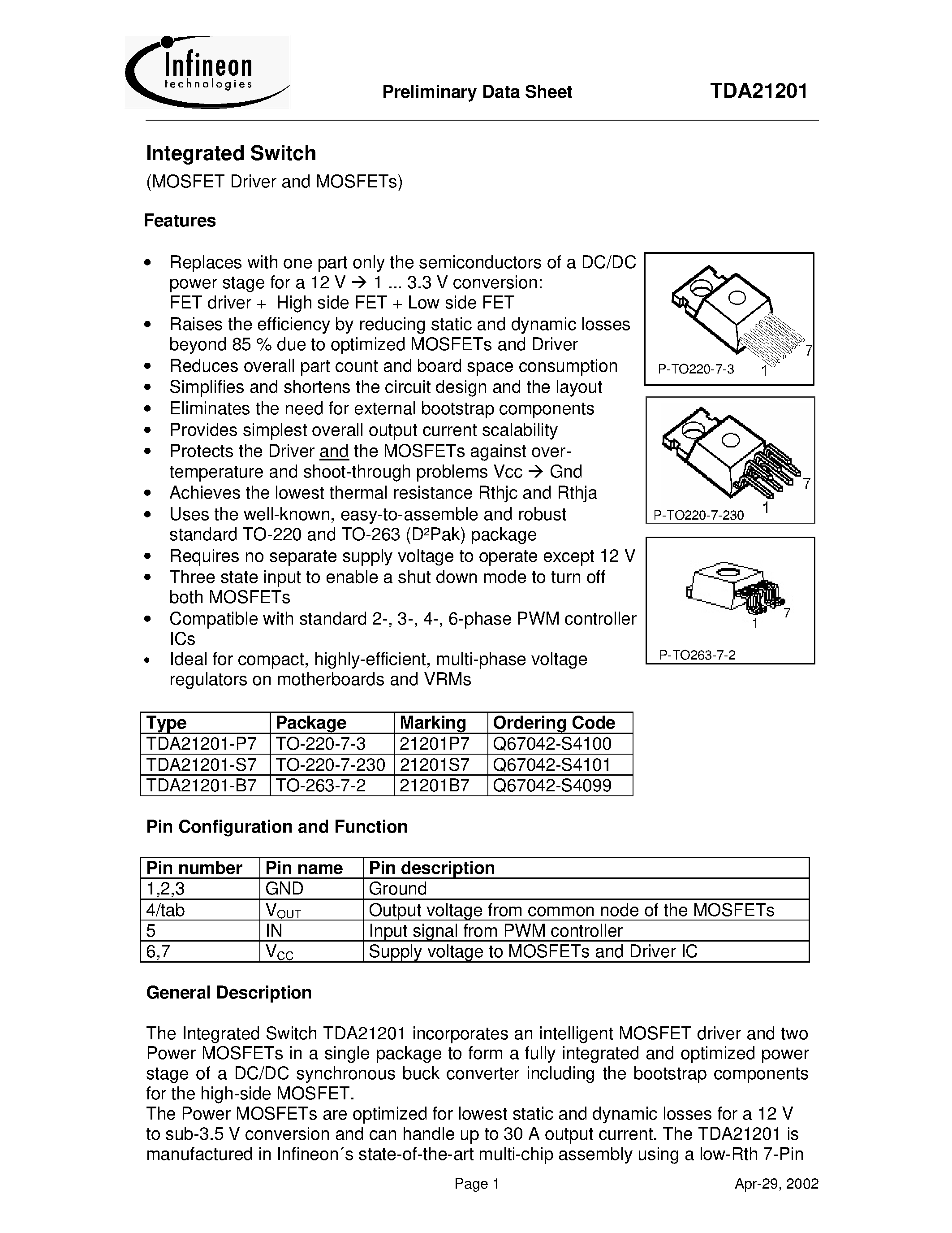 Datasheet TDA21201-B7 - Integrated Switch(MOSFET Driver and MOSFETs) page 1