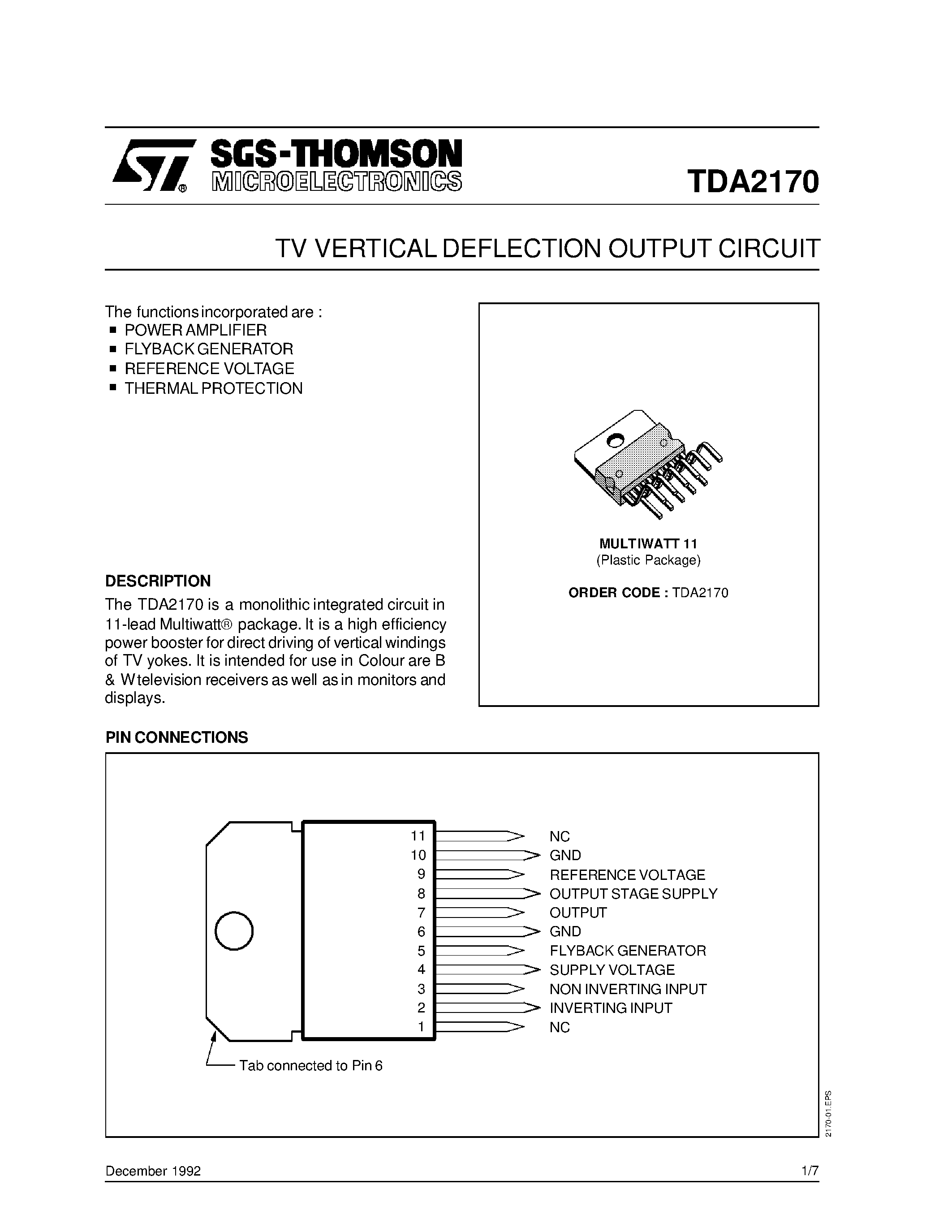 Datasheet TDA2170 - TV VERTICAL DEFLECTION OUTPUT CIRCUIT page 1