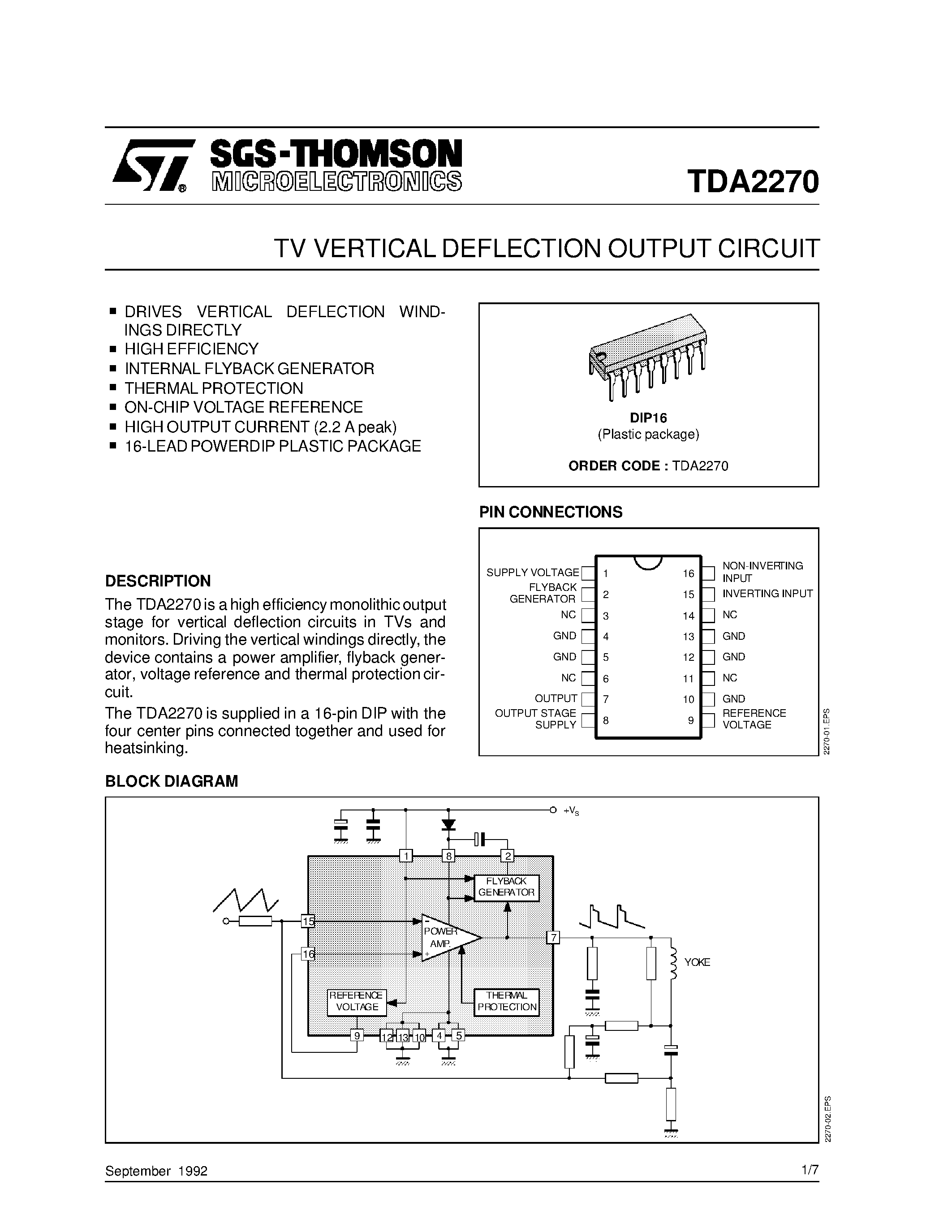 Datasheet TDA2270 - TV VERTICAL DEFLECTION OUTPUT CIRCUIT page 1