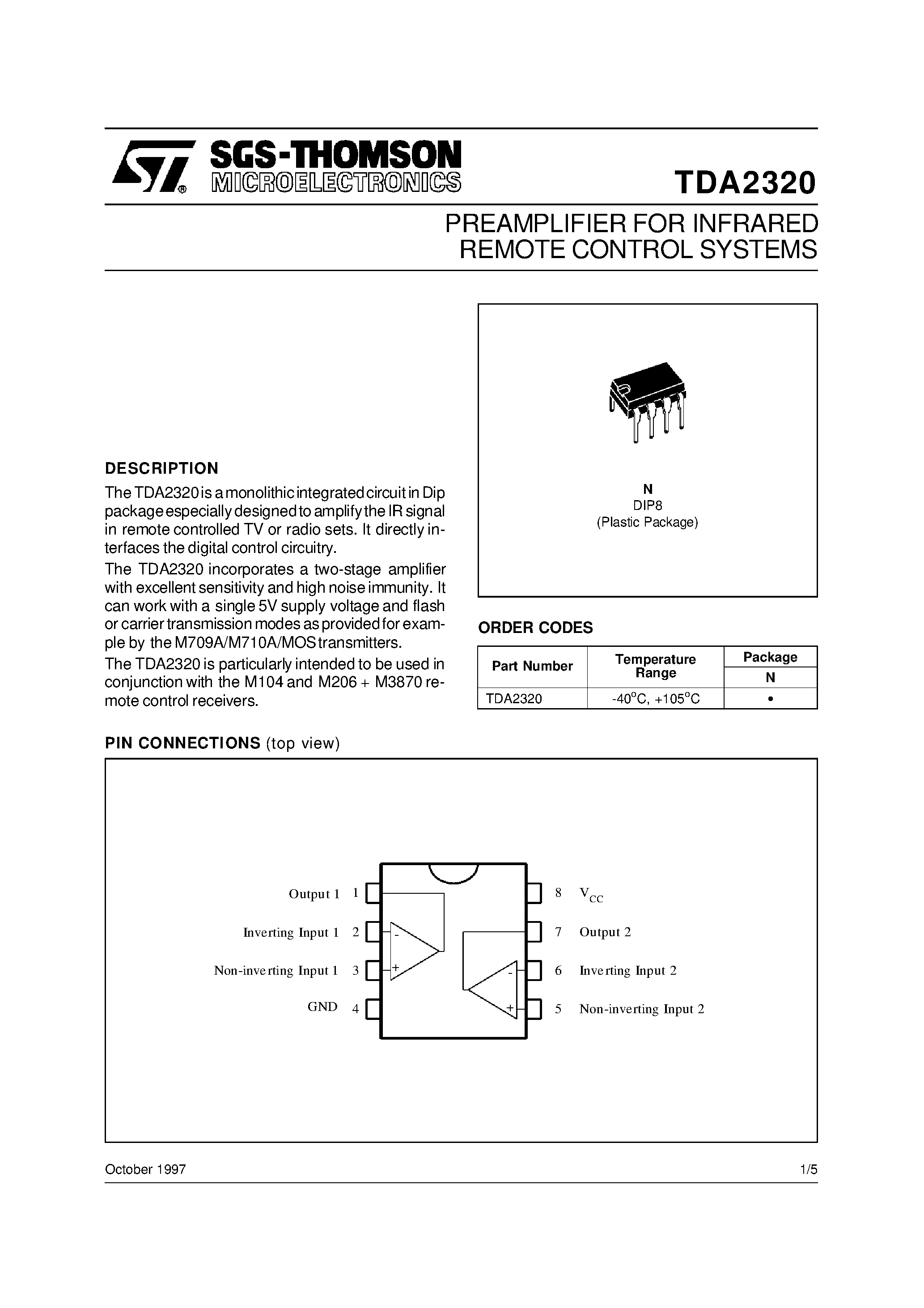 Datasheet TDA2320 - PREAMPLIFIER FOR INFRARED REMOTE CONTROL SYSTEMS page 1
