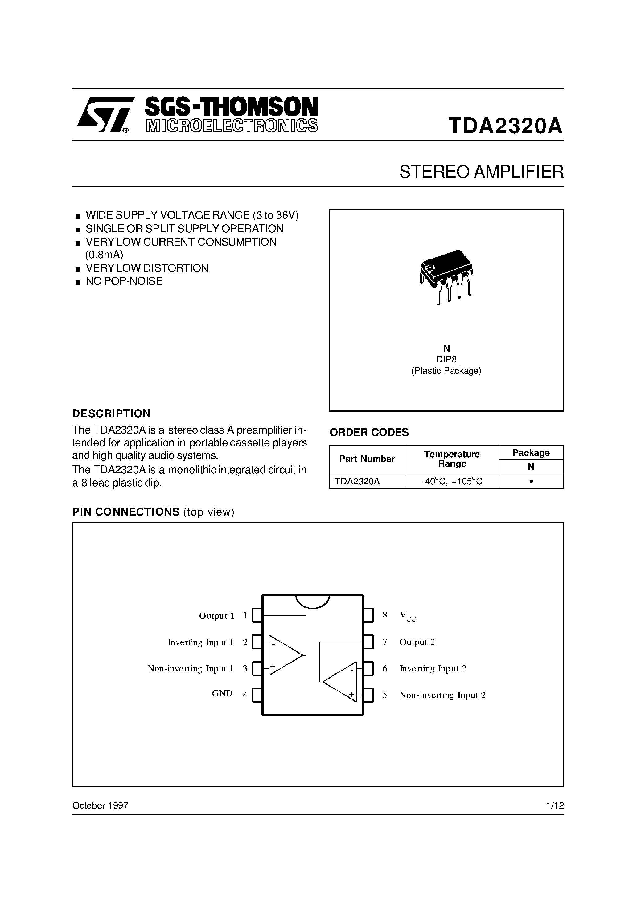 Datasheet TDA2320AN - STEREO AMPLIFIER page 1