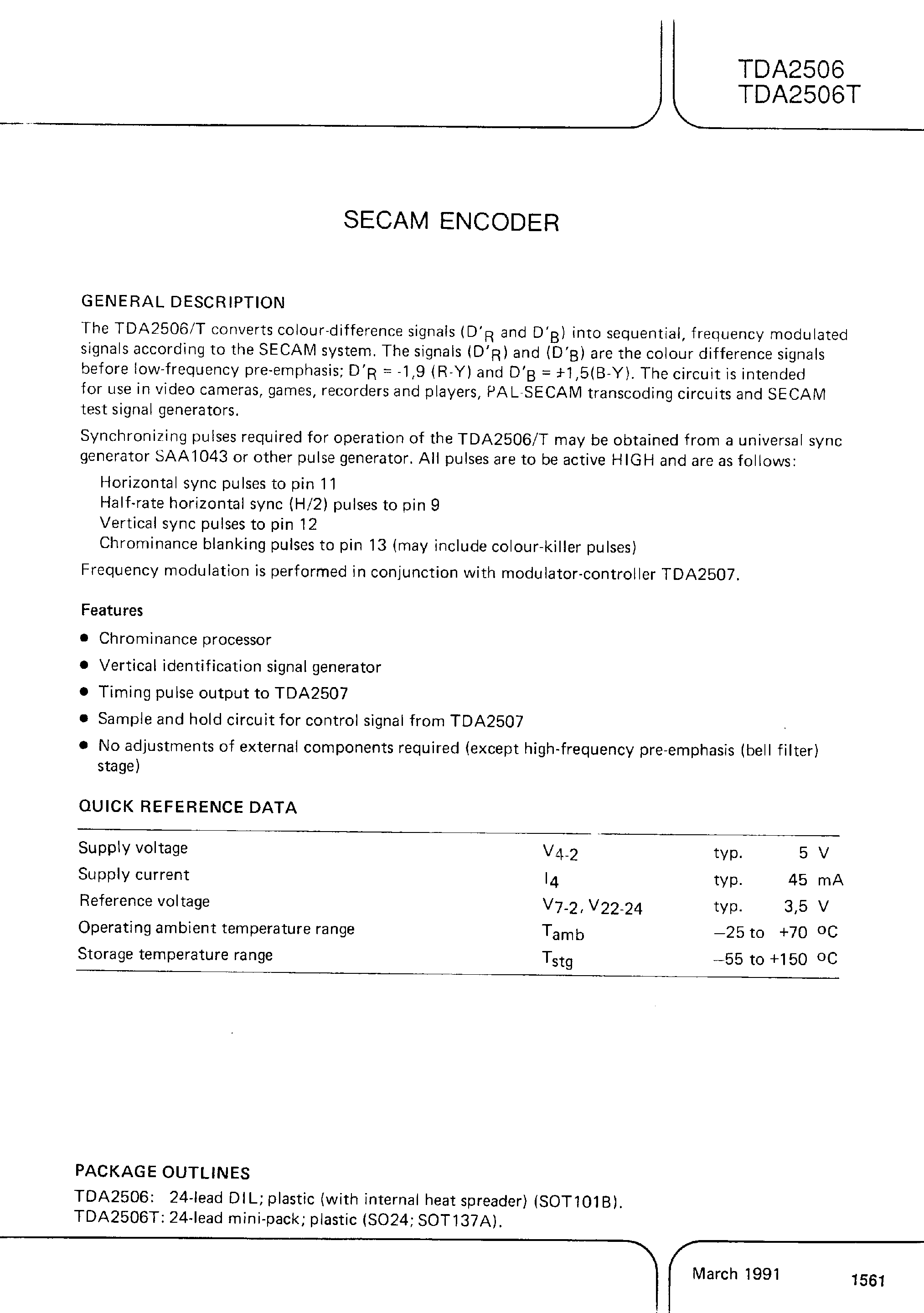 Datasheet TDA2506T page 1 Datasheet TDA2506T - SECAM ENCODER page 1