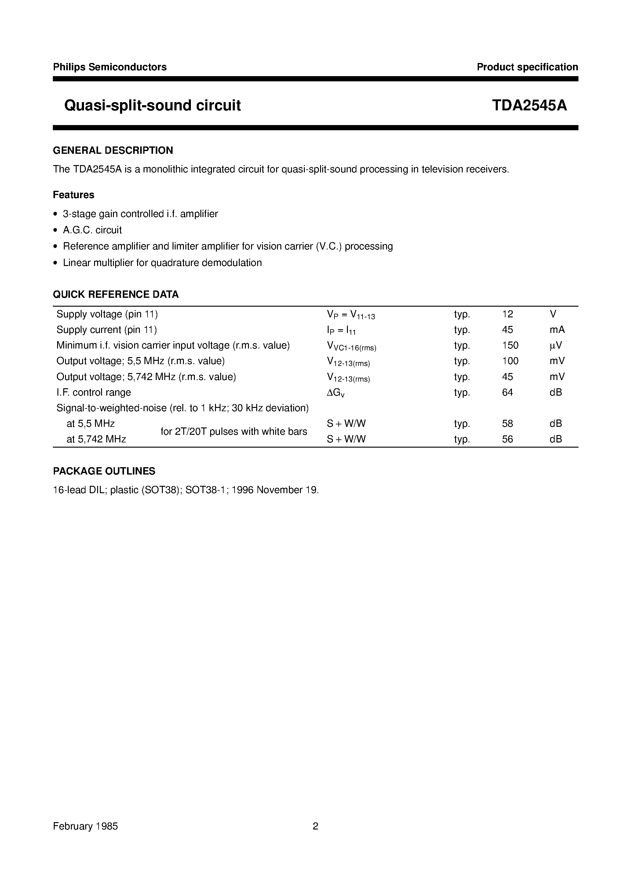 Datasheet TDA2545A - Quasi-split-sound circuit page 2